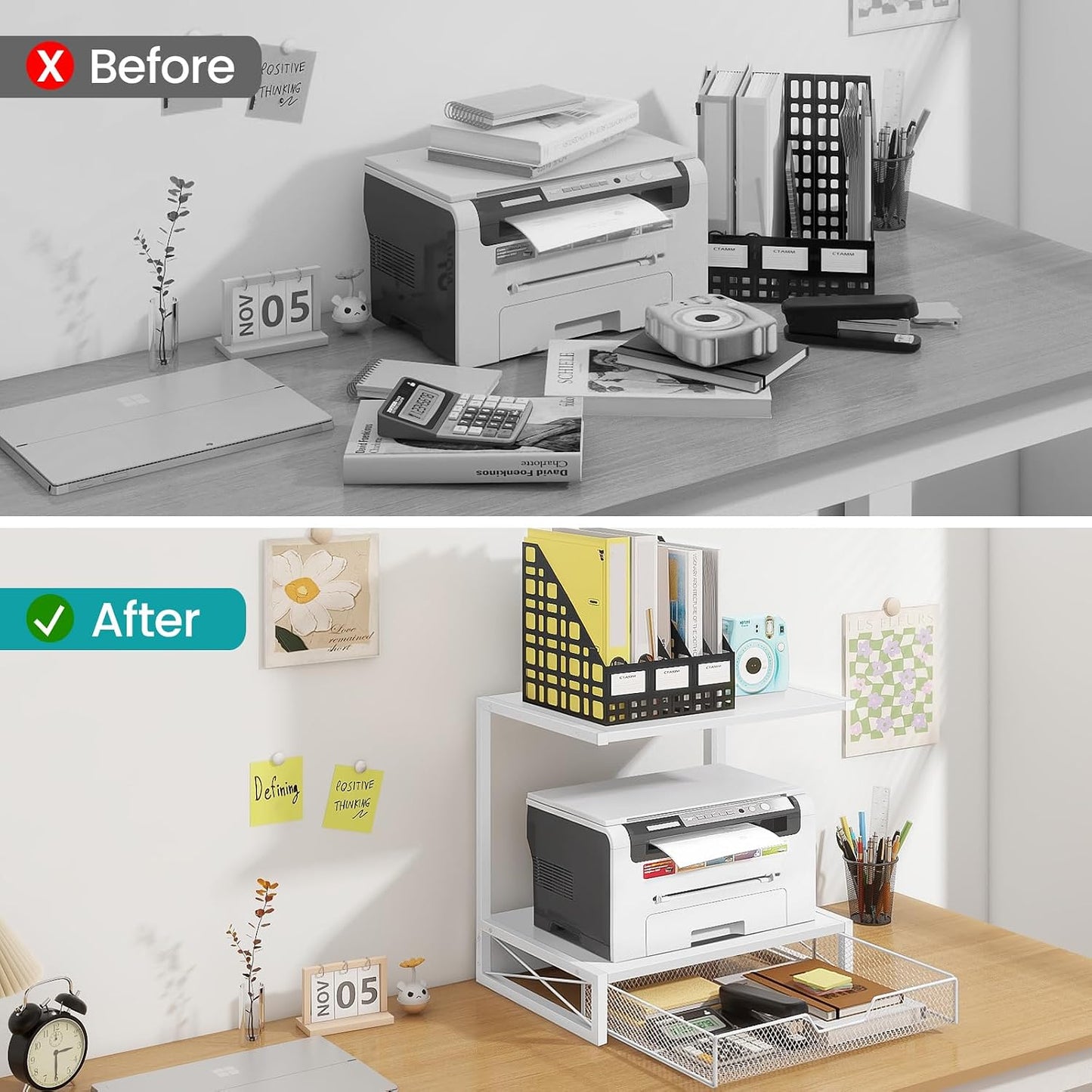 ELITEROO Printer Stand for Desk with Storage Drawer, 2 Tier Desk Shelf | Wood Desktop Organizer for Home Office, Fits