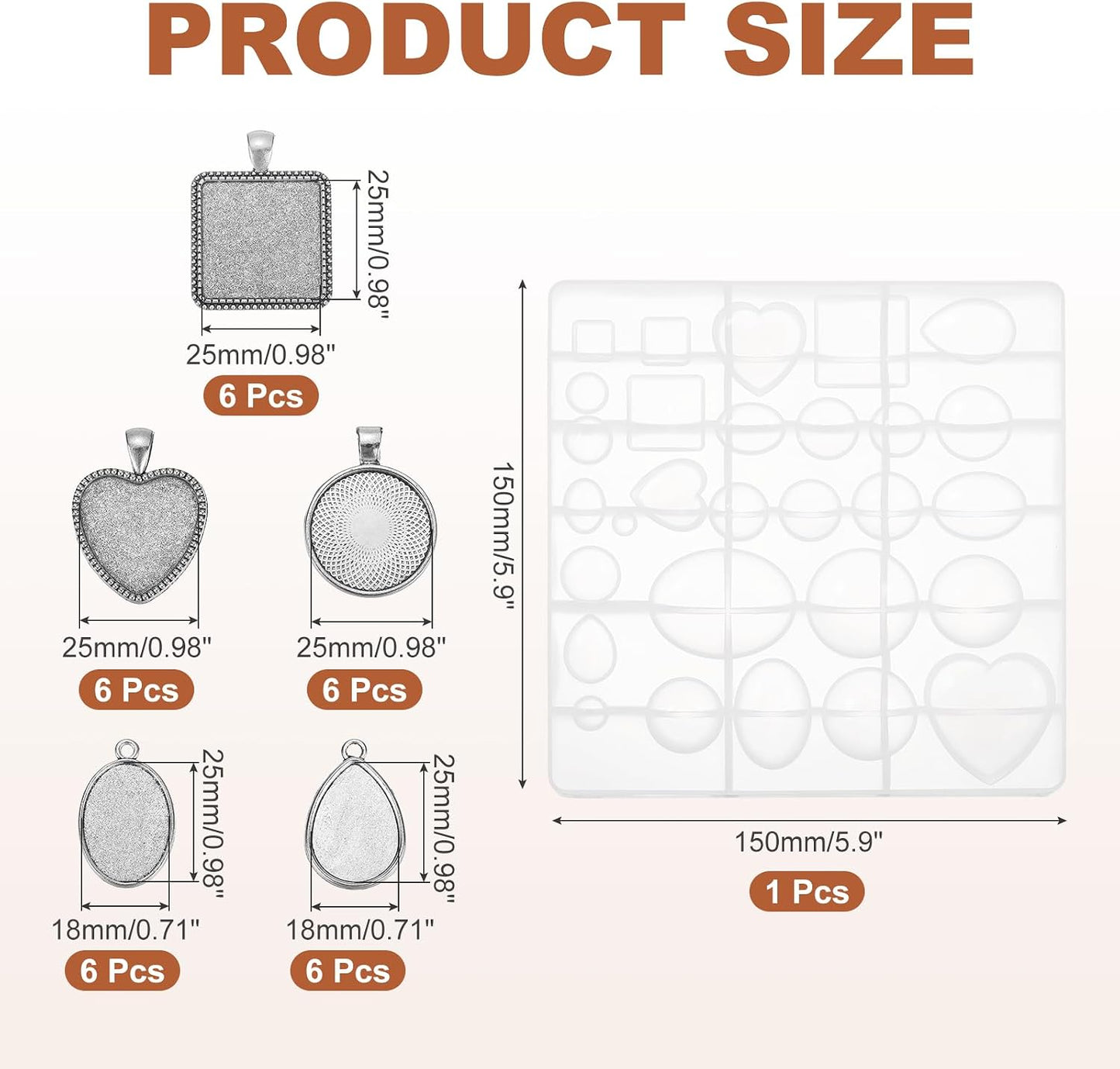 5 Style Metal Pendant Trays for DIY Crafts Earring / Silver / Set of 30