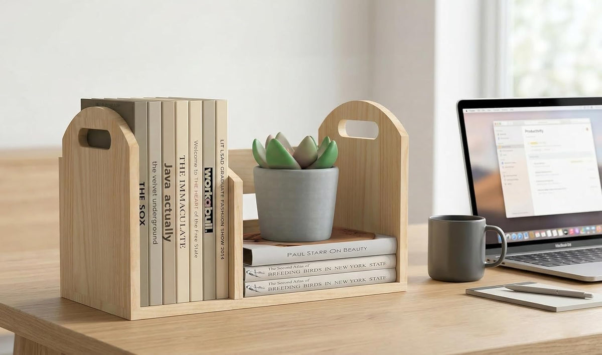 Wood Desktop Bookshelf, Upright Tabletop Book Shelf With Adjustable Divider Secure Books in Place, Desk Shelf for Top