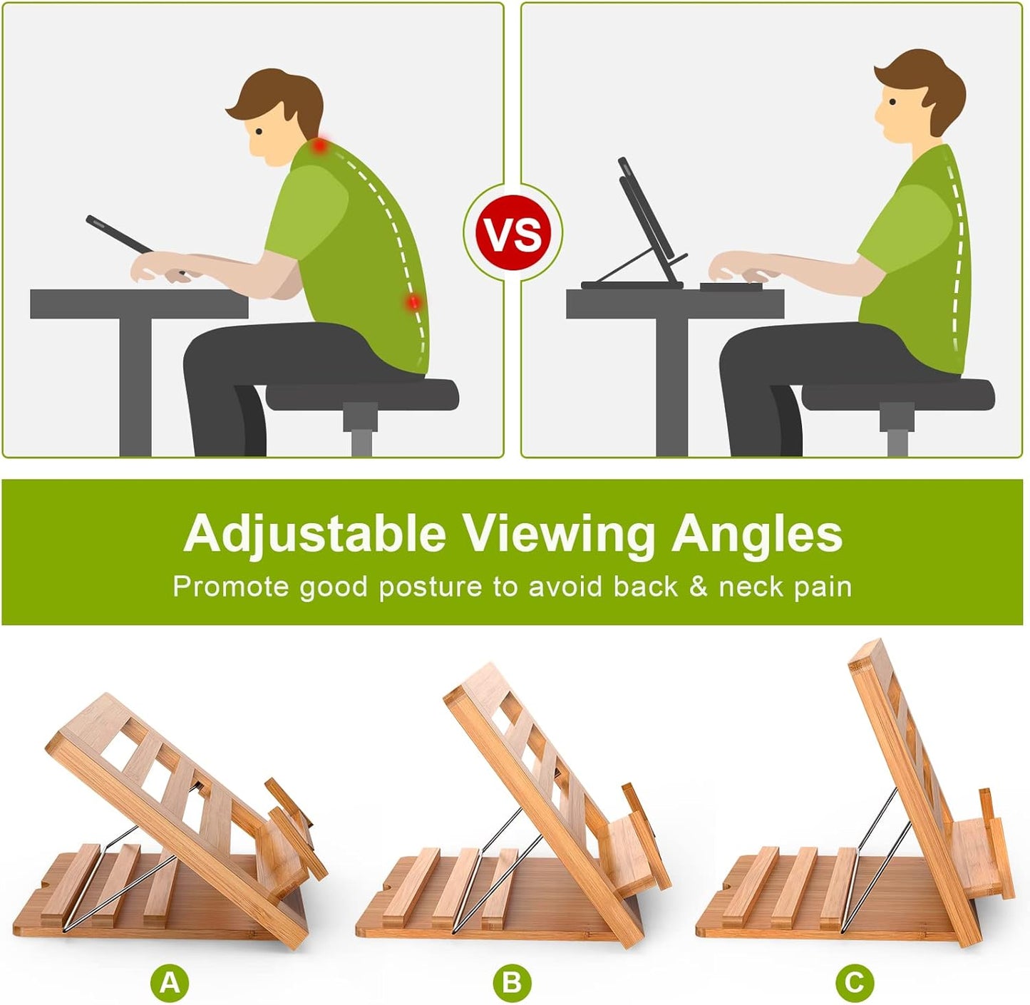 Wooden Desktop Book Stands, Adjustable Book Stand for Reading | Pezin & Hulin Cook Book Holder Seat, Bamboo Foldable