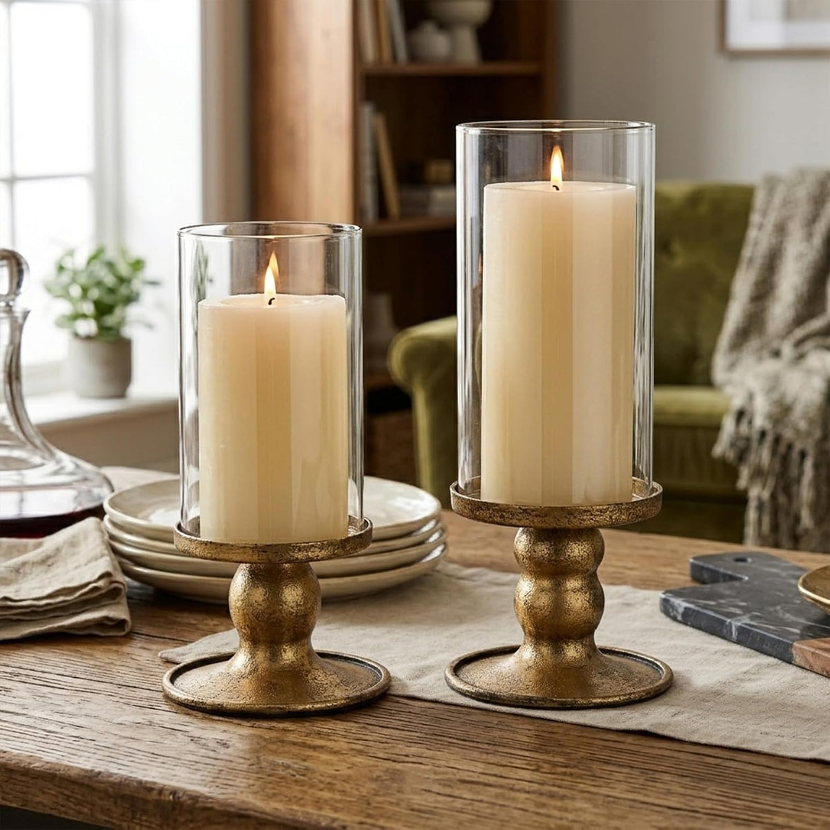 NITIME 2pcs Hurricane Candle Holder for Pillar Candles, Antique Brass Iron Candle Holders with Clear Glass Sleeve for