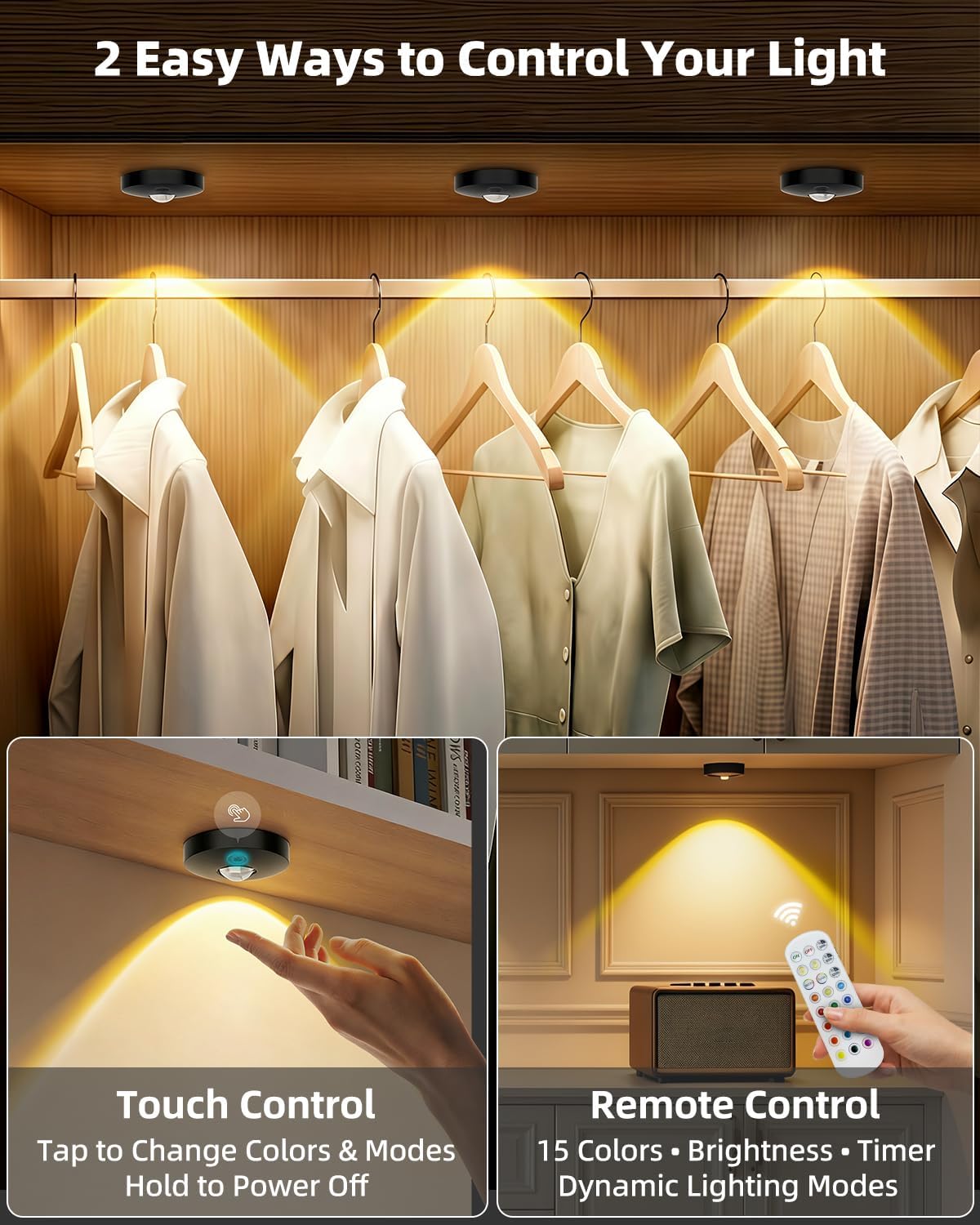RGB Rechargeable Puck Lights with Remote Control, 1500mAh Battery Operated Tap Lights, Dimmer & Timer Under Cabinet