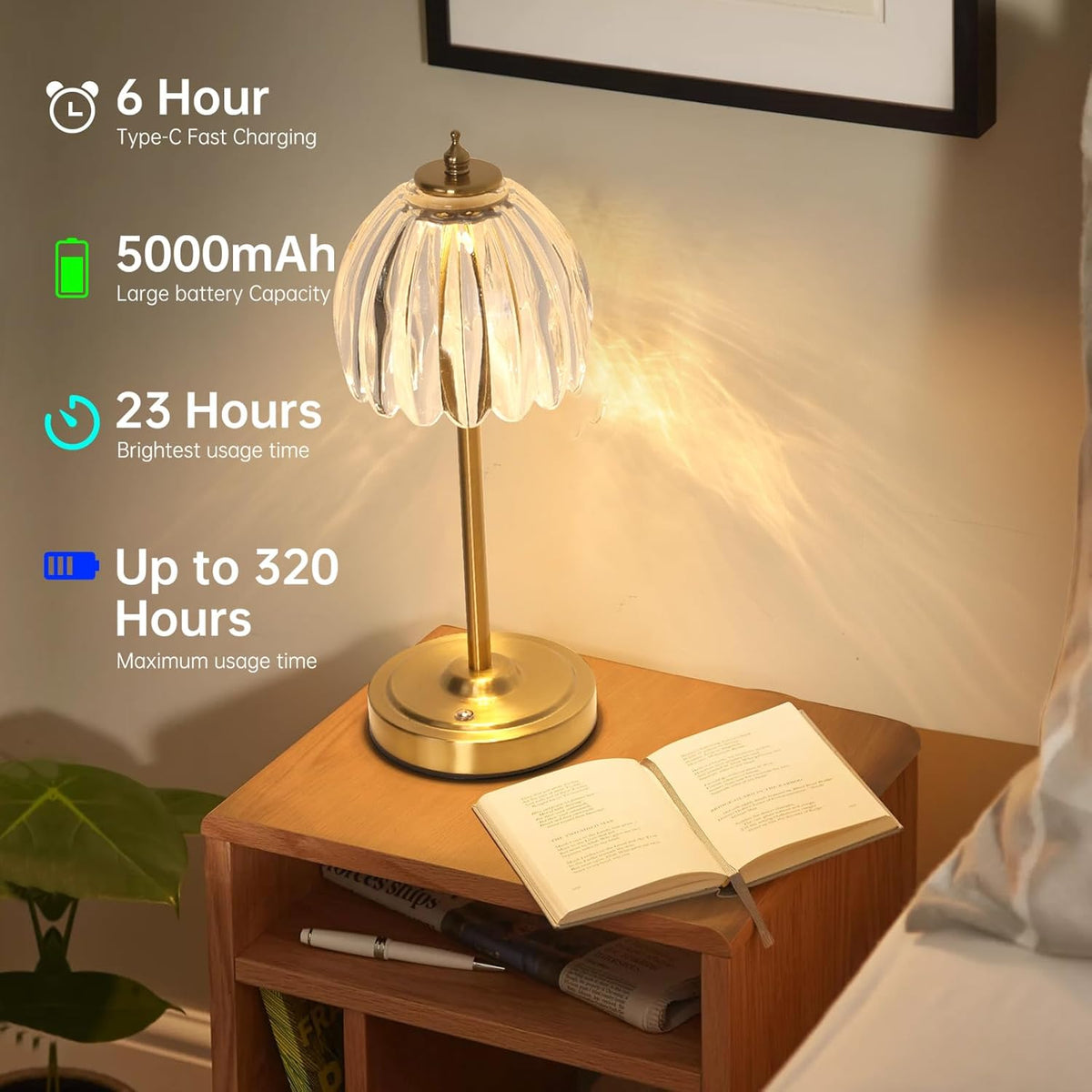 Shenmoyl Tulip Table Lamp with 5000mAh Battery & Touch Control, Cordless Table Lamp with 3 Colors, Dimmable