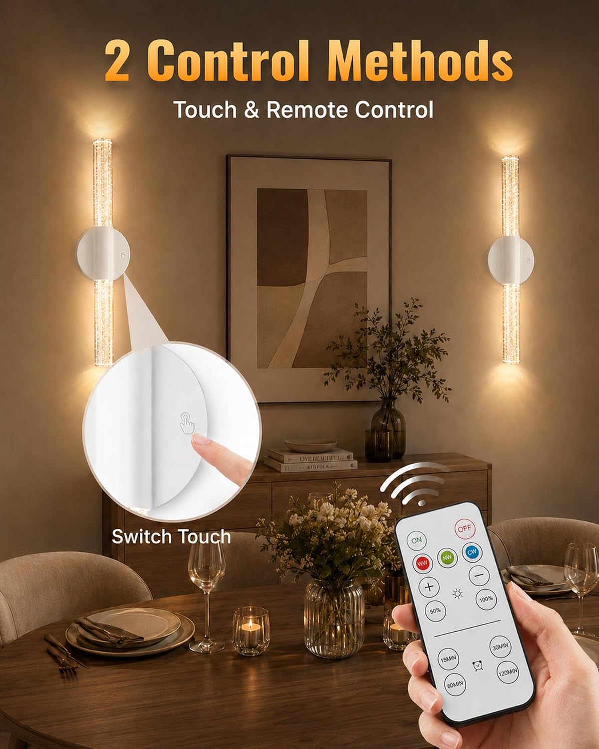 White Rechargeable Wall Sconces Set of 2, Wireless Wall Lights | White Battery Operated Wall Sconce Set with Remote &