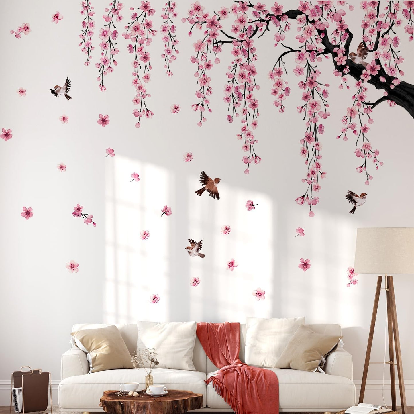 4 Sheets Spring Flower Bird Wall Decals Peel / Pink / 11.8*35.4inch