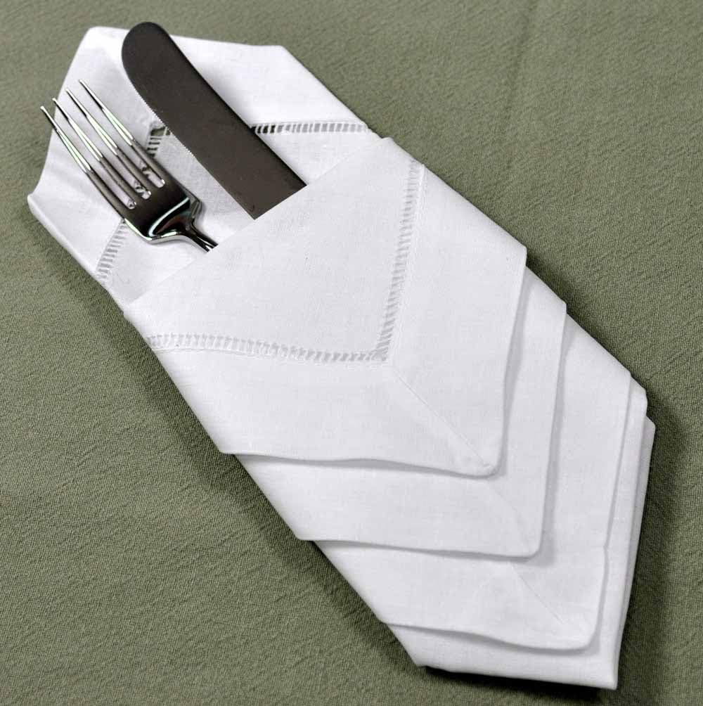 White Linen Cotton Blend Hemstitched Dinner Napkins- Set of 4 18" X 18" Ladder Hem Stitch Cloth Napkin