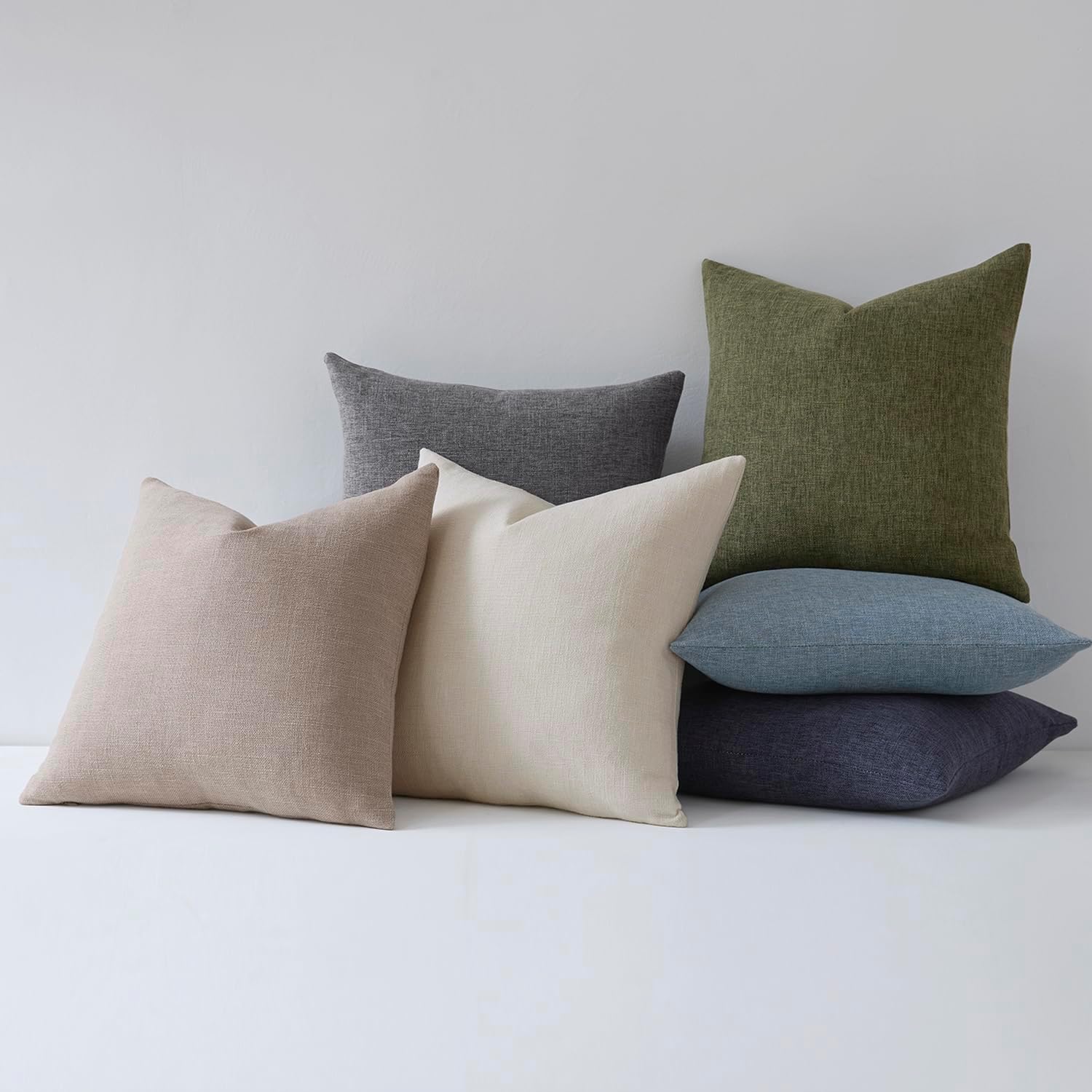 Modern Farmhouse Linen Blend Decorative Pillow Covers / Dark Moss Green / 18 x 18 / Set of 2