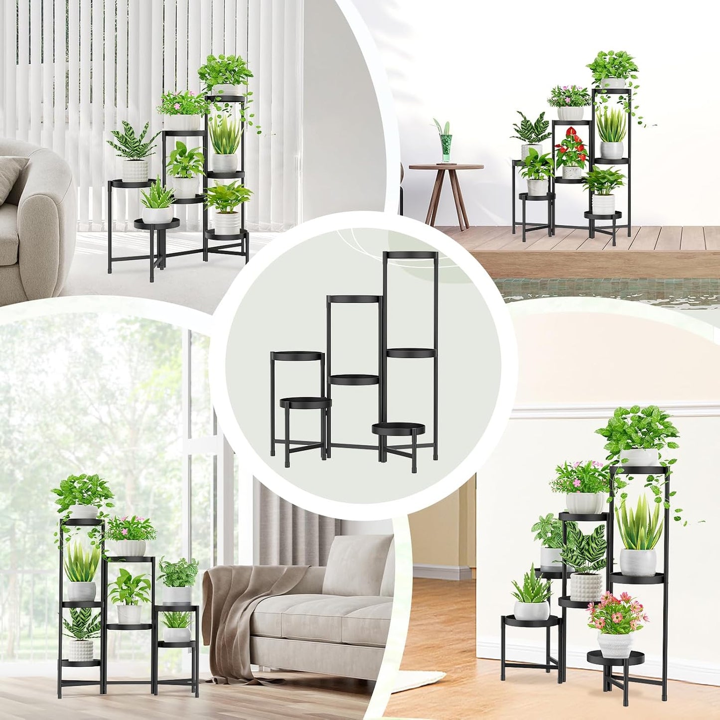 iDavosic.ly Plant Stand Indoor Outdoor, 7 Tier Metal Corner Shelf, Black | Tiered Flower Display Holder, Folding Multi