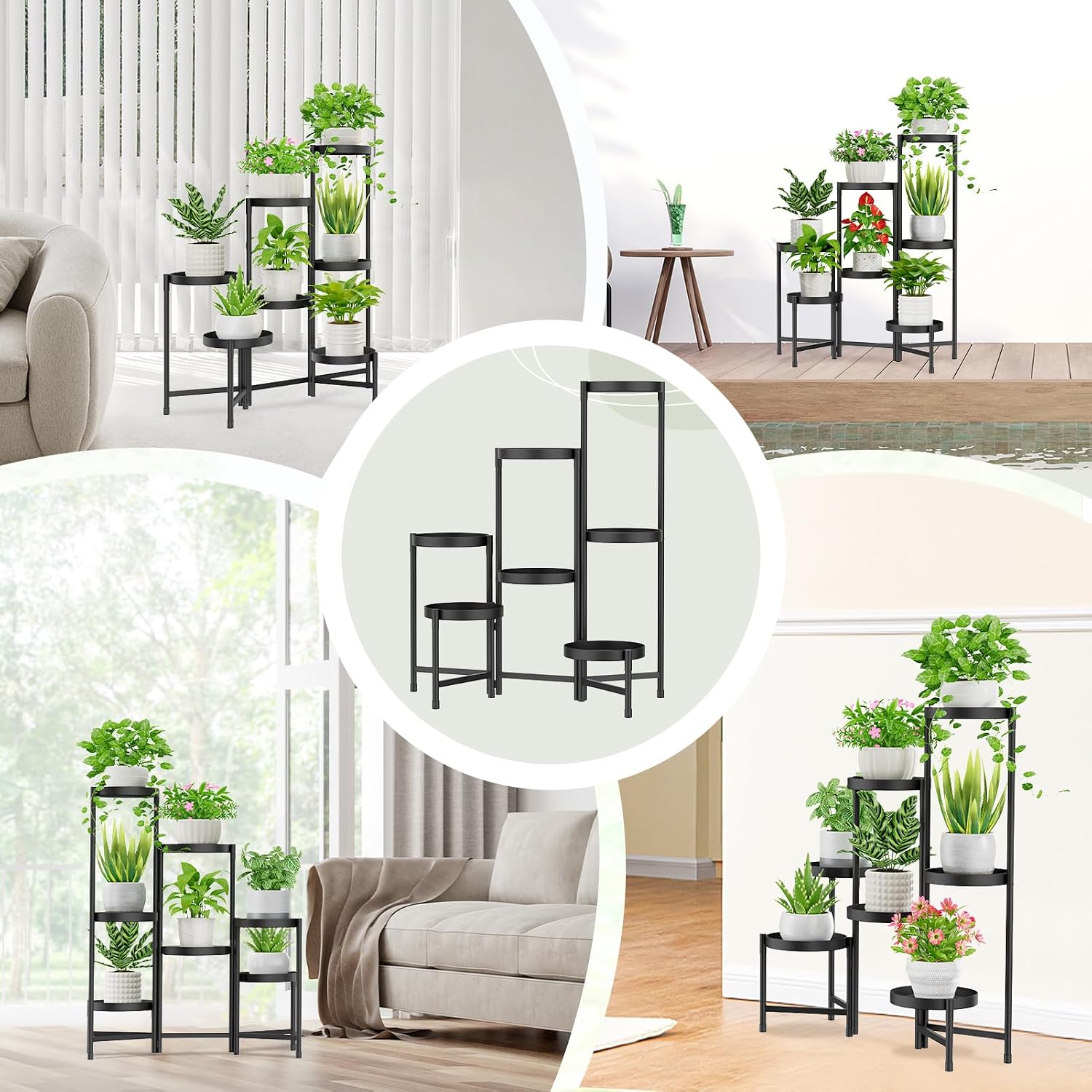 iDavosic.ly Plant Stand Indoor Outdoor, 7 Tier Metal Corner Shelf, Black | Tiered Flower Display Holder, Folding Multi