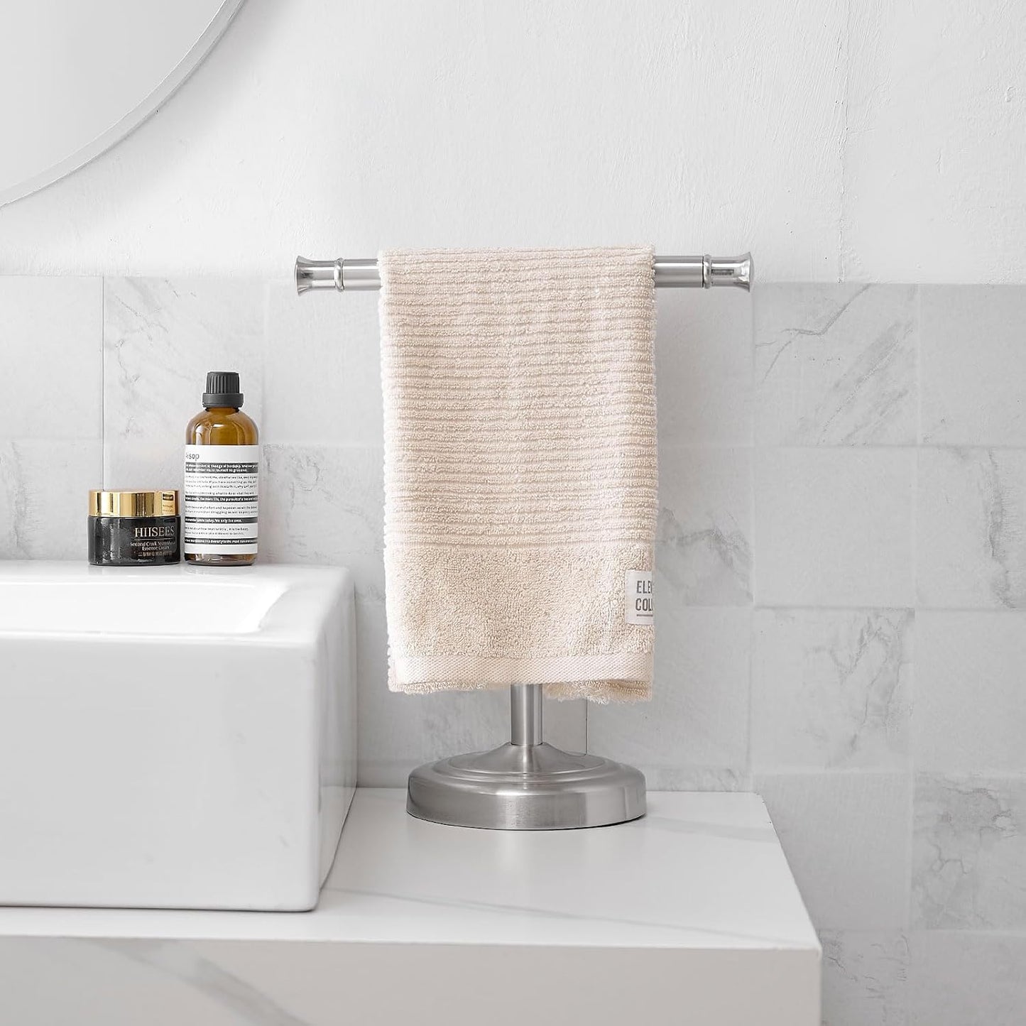 RUMOSE Brushed Nickel Hand Towel Holder Stand Countertop Towel Rack | 13 Inch Bathroom Kitchen Vanity T-Shape Towel
