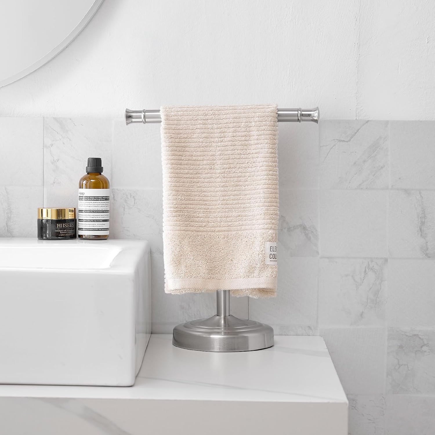 RUMOSE Brushed Nickel Hand Towel Holder Stand Countertop Towel Rack | 13 Inch Bathroom Kitchen Vanity T-Shape Towel