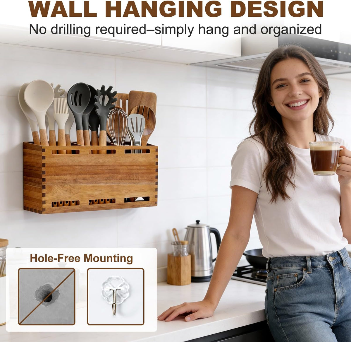 Acacia Wood Large Utensil Holder for Kitchen Counter Organizer Spoon Holder | Cooking Utensils Holder Countertop