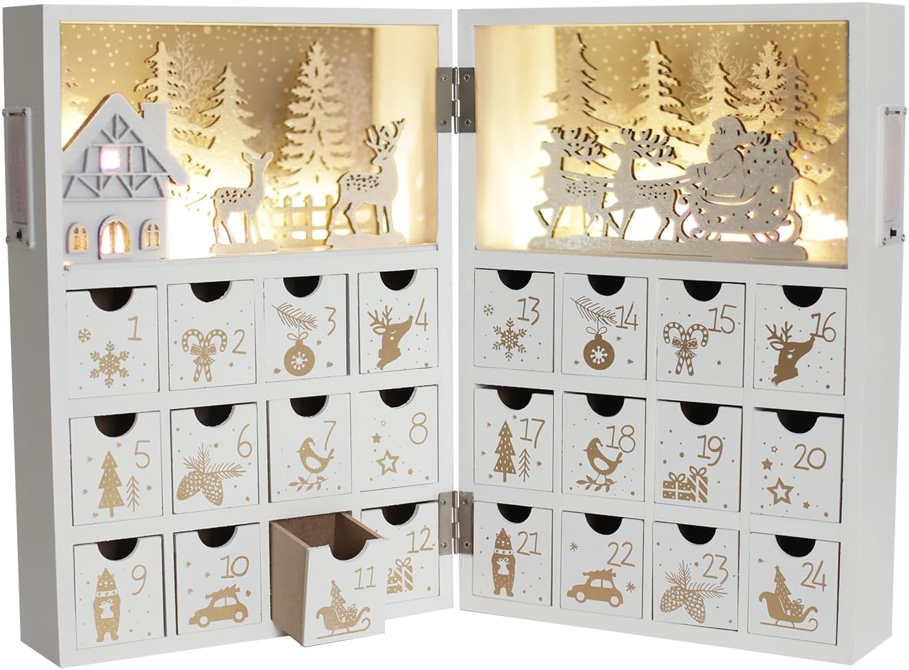Wooden Christmas Advent Calendar Book with LED-lit Winter Forest Scene - 24 Drawer Countdown with Fine Silver Reindeer