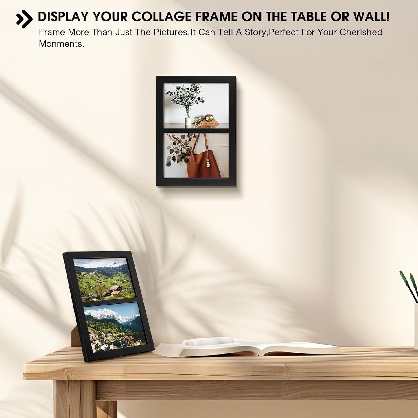 Golden State Art, 5x7 Double Picture Frame, Display Two 5x7 Photos(Black) | Solid Wood - Real Glass For Tabletop Or