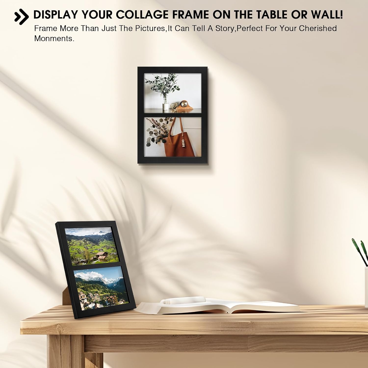 Golden State Art, 5x7 Double Picture Frame, Display Two 5x7 Photos(Black) | Solid Wood- Real Glass For Tabletop Or Wall