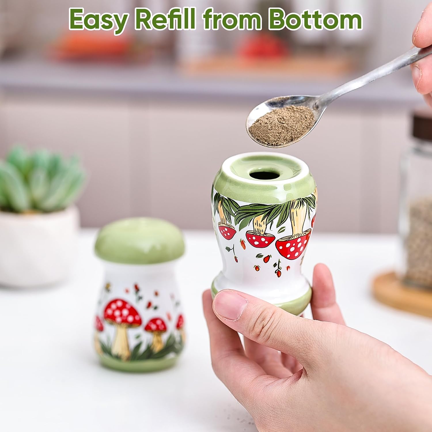 Ceramic Mushroom Salt and Pepper Shakers Set / Green