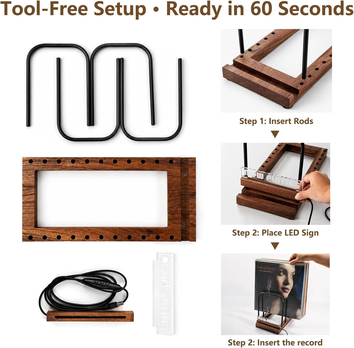 ZEDKEHO Vinyl Record Storage Holder for 50-75 LPs, Wood | Now Playing Vinyl Record Stand with LED Light,Wood Album