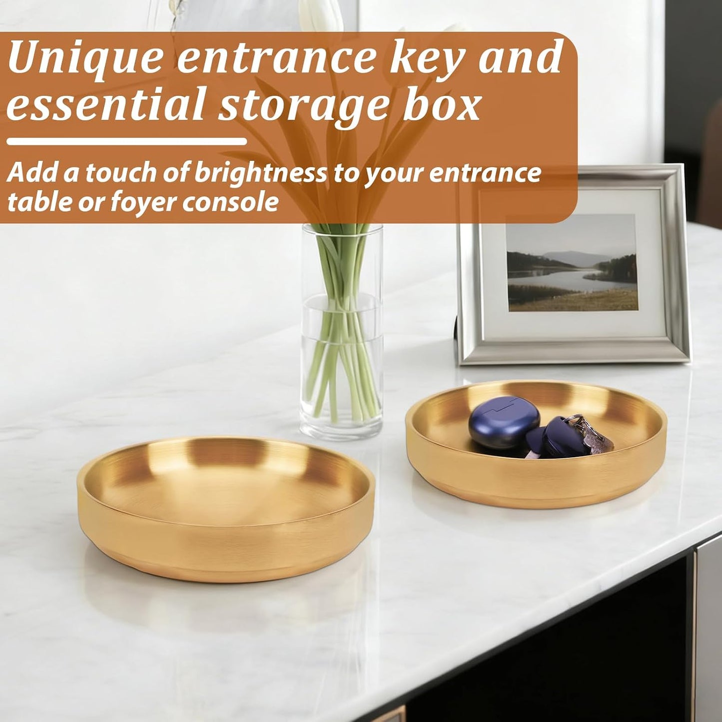 Key Bowl for Entryway- Table Decorative Key Dish for Organizing Tabletop Catch All / Gold / Set of 2