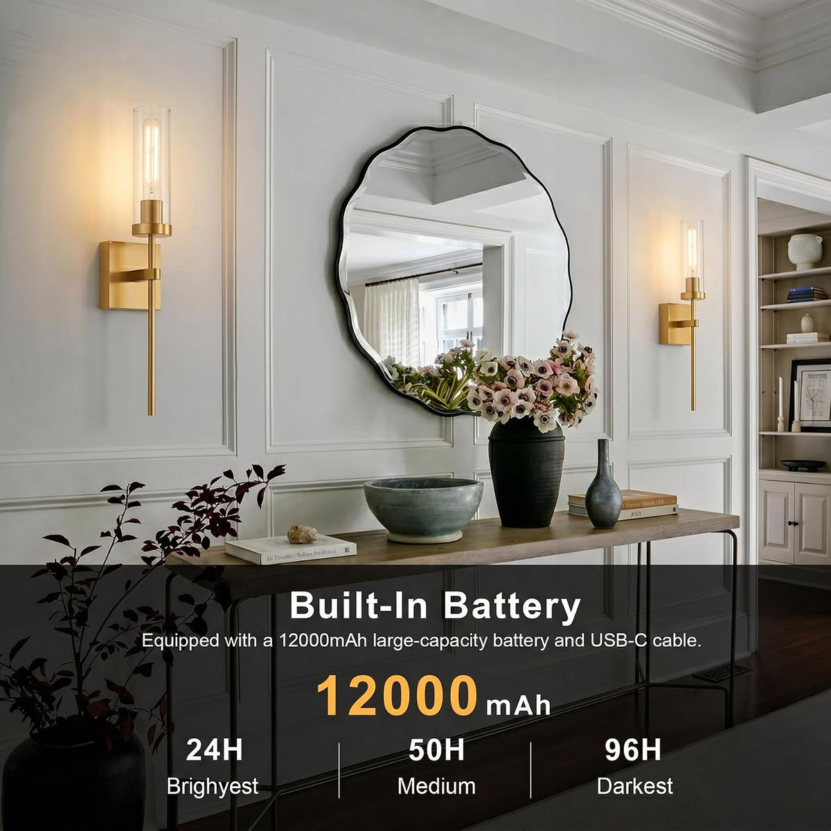 Wireless Wall Sconces with Remote Control, Brushed Gold Battery Operated Wall Sconce Set of 2, Dimmable Rechargeable