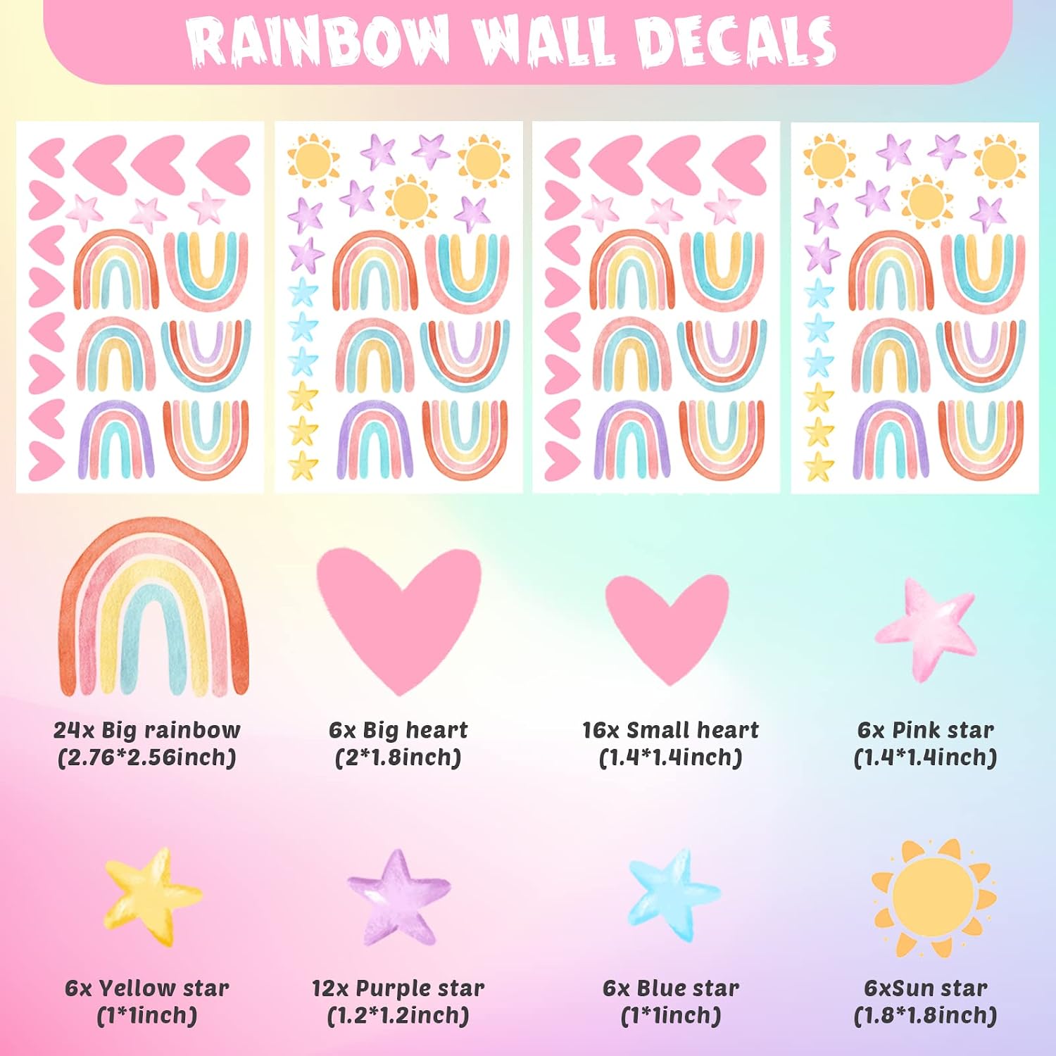 Rainbow Wall Decor Stickers Small Rainbow Decal Watercolor Heart Star Sun Wall / Luminous Blue