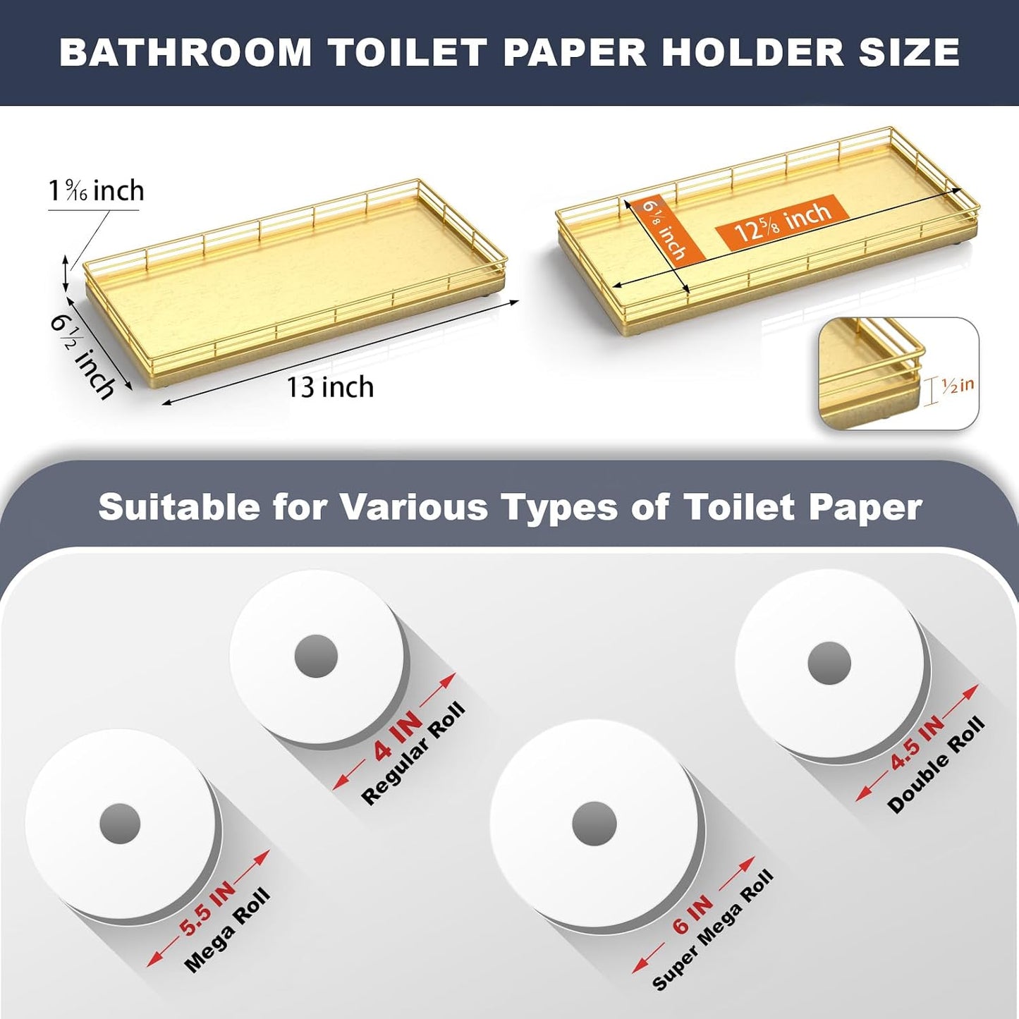 13" Wood Toilet Paper Storage Basket Back of Toilet Basket Organizer / All Golden / 13 x 6.5 x 1.5