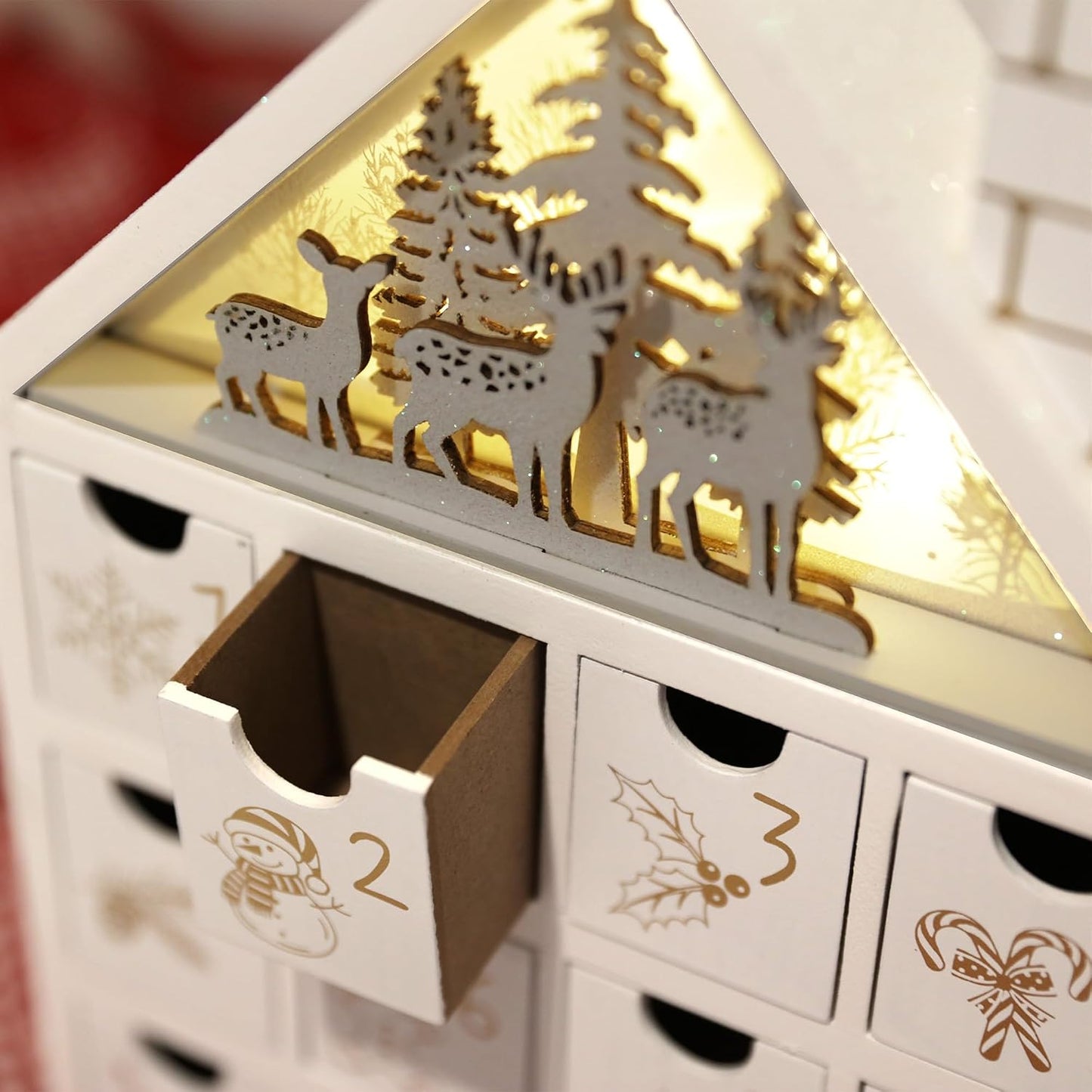 Wooden Christmas Advent Calendar House with 24 Drawers and Led Lights Countdown Calendars for Christmas Decoration