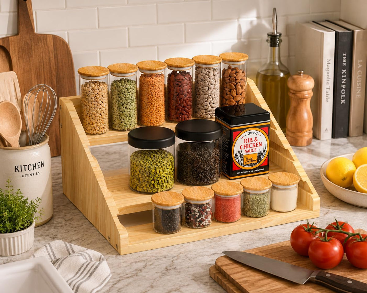 Solid Wood Spice Rack Organizer for Countertop & Cabinet, 4 Tier Adjustable Wooden Spice Shelf with Sliding Track