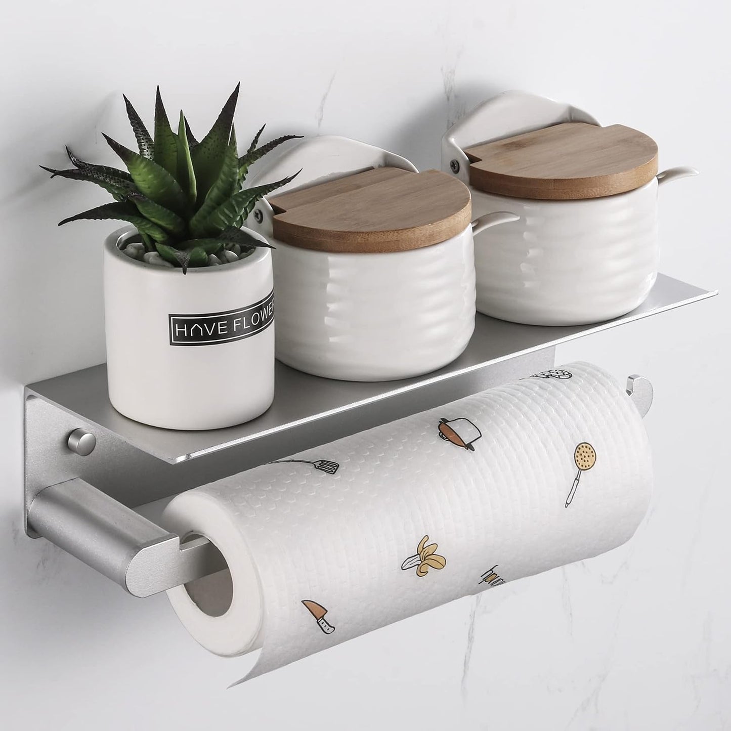 DUFU Paper Towel Holder Wall Mount for Kitchen, Silver | Self-Adhesive,Paper Towel Holder With Shelf for Bathroom