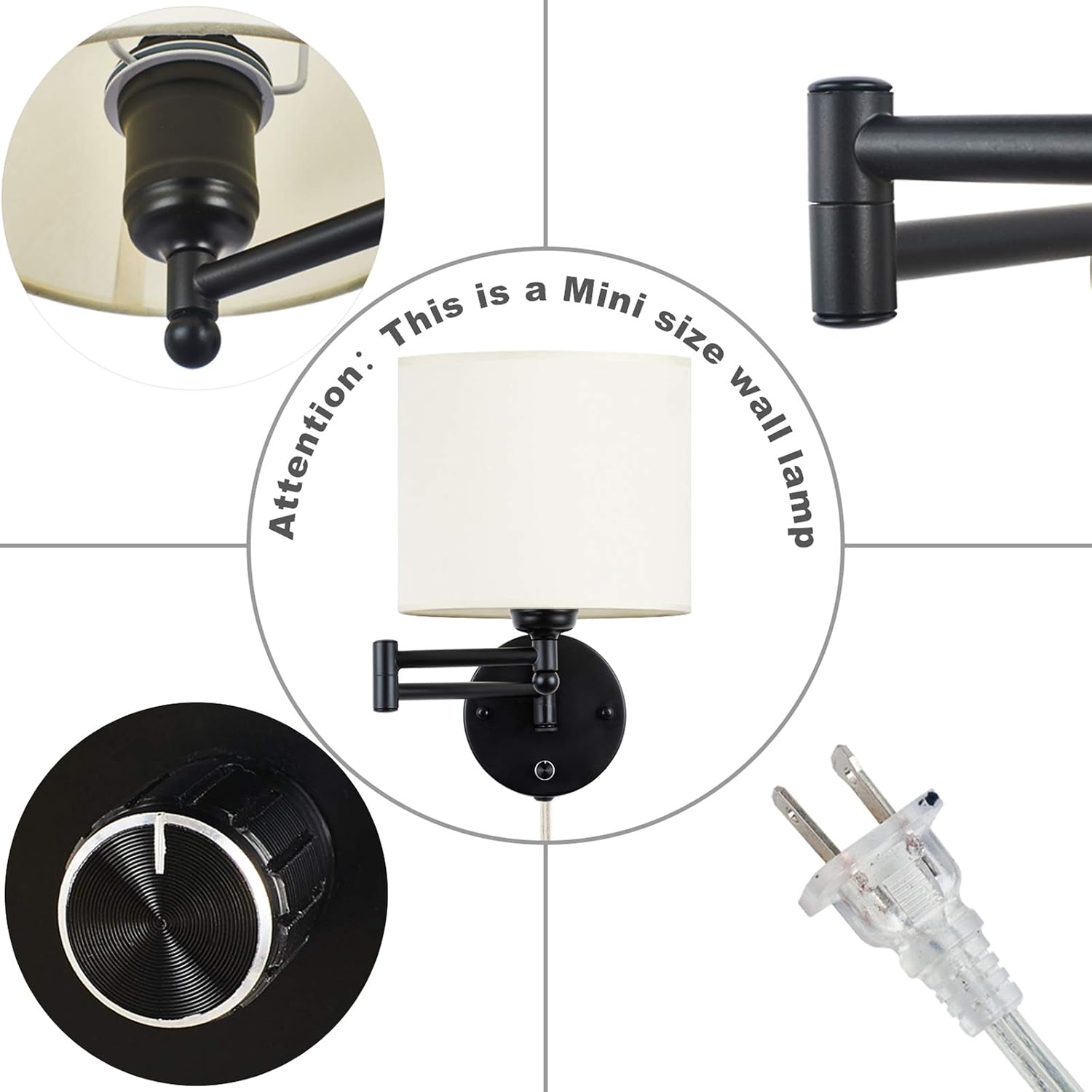 Swing Arm Wall Sconce 7" Shade Width Plug in Wall Mount Opaque Ivory Linen Shade 40W 2-Way Installation(1 Light)