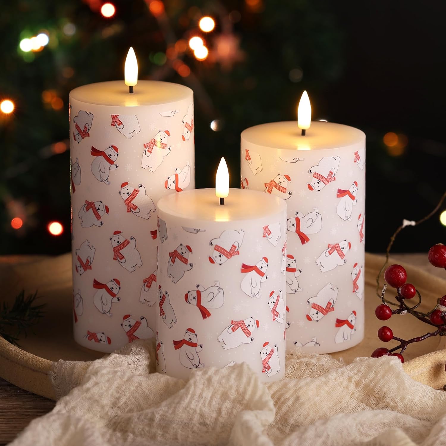 Bear Winter Christmas LED Pillar Candles with Remote Set of 3 | Flickering Flameless Wax Candles, Flat Top, 2 AA