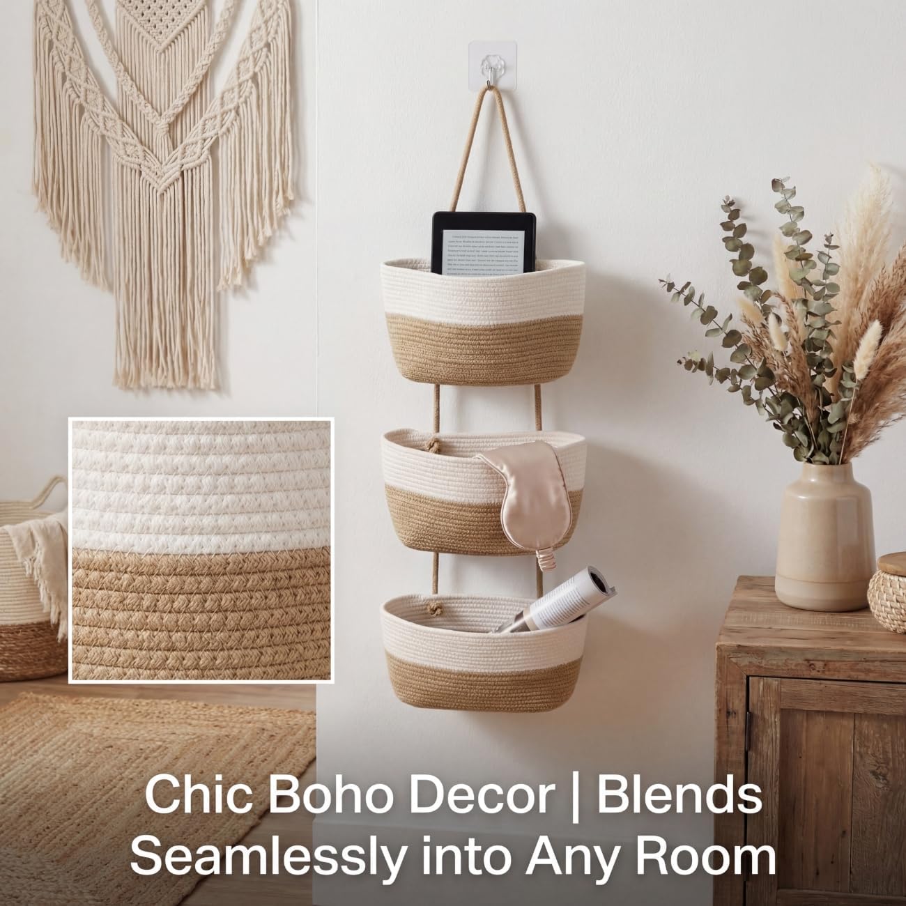 Hooks / Hanging Wall Basket / White&jute