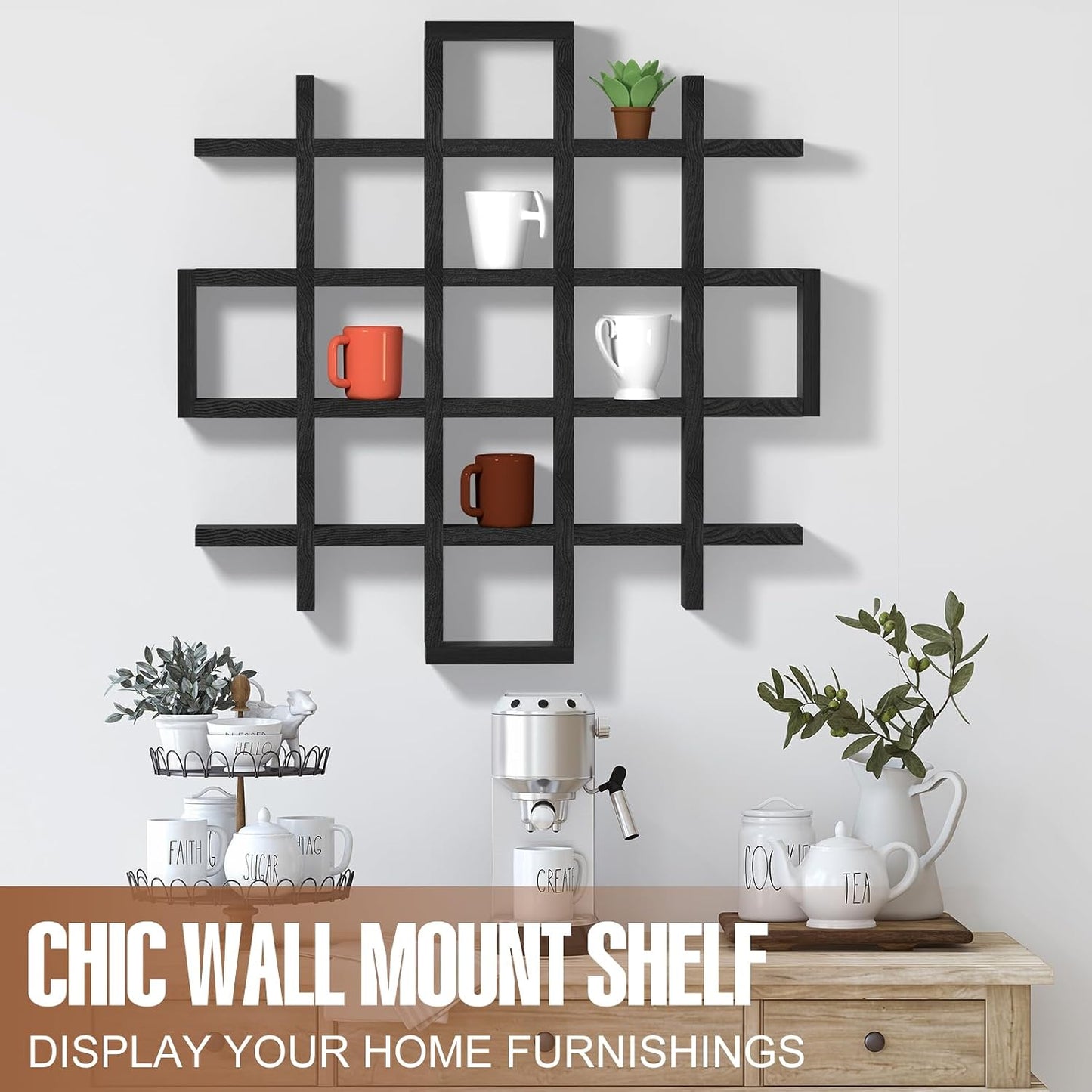 Suzile Mug Display Shelf Wall Mounted,Grid Size 5.1x5.1x3in,Black | Rustic Wood Floating Shadow Box for Coffee Mugs