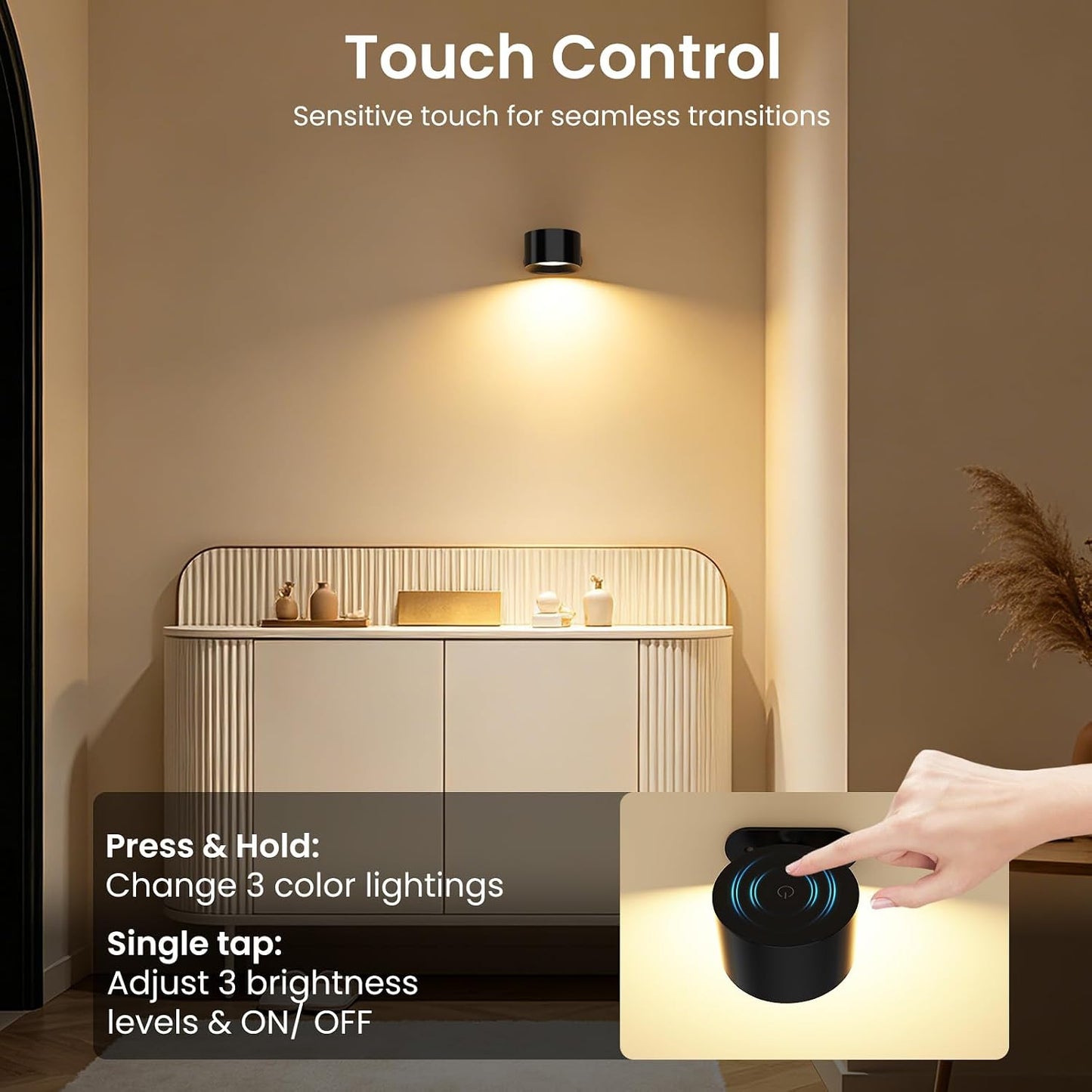 Koopala LED Reading Lights, Wall Mounted Sconces with 3 Color Temperatures & 3 Brightness Levels Rechargeable Battery