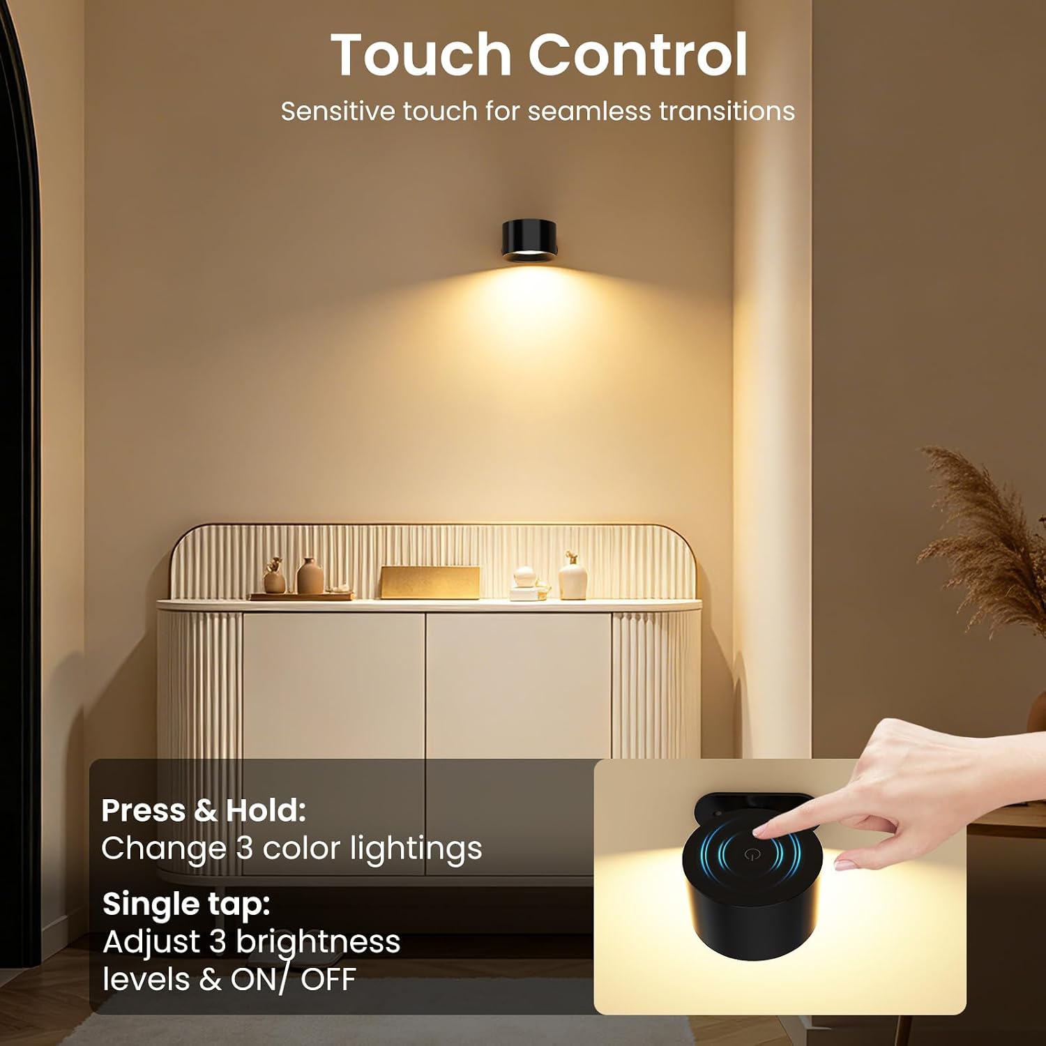 Koopala 2PCS Rechargeable Battery Operated LED Wall Lamps, Wall Mounted Lights with 3 Brightness 3 Color Temp Removable