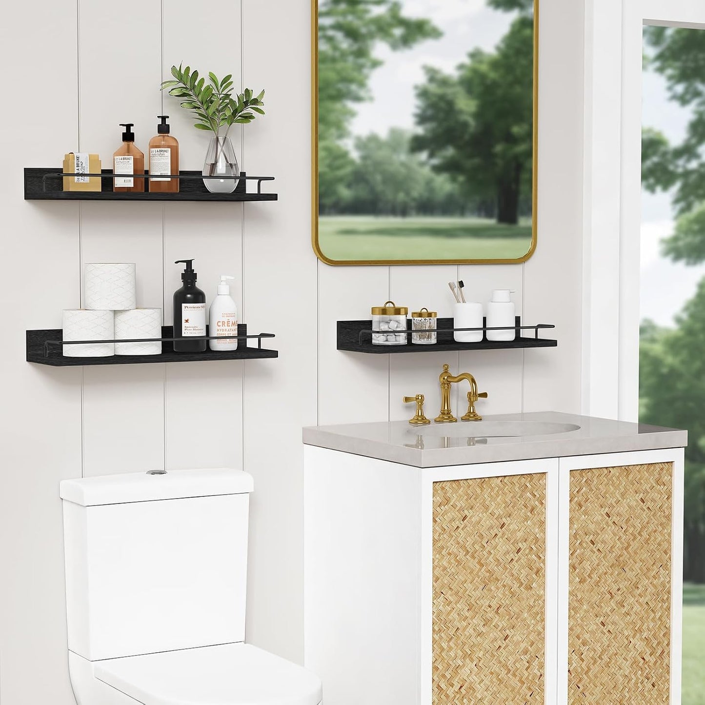 Forbena Black Floating Shelves for Wall, Bahtroom Wall Shelves Over Toilet, Rustic Hanging Shelf with Lip Rail for
