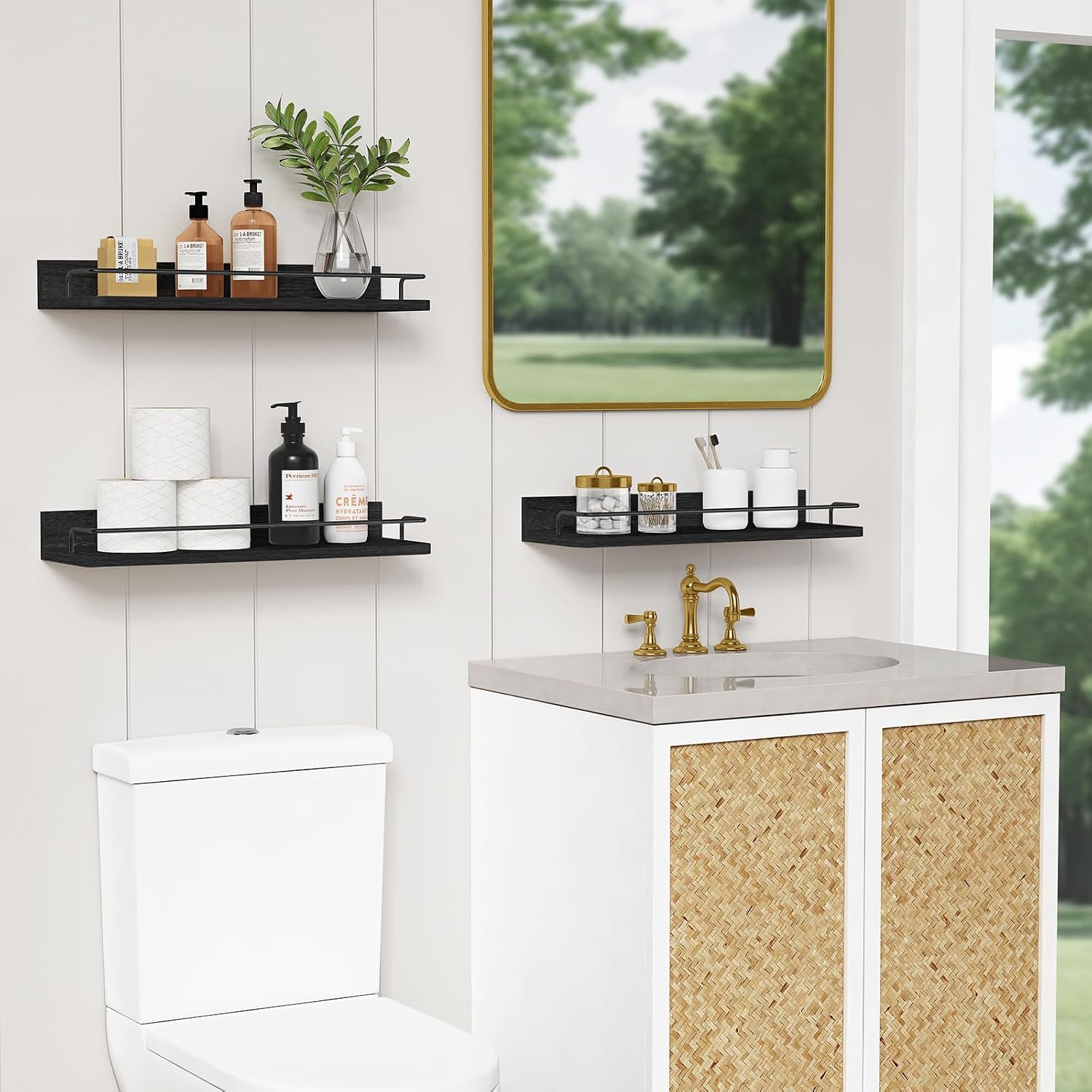 Forbena Black Floating Shelves for Wall, Bahtroom Wall Shelves Over Toilet, Rustic Hanging Shelf with Lip Rail for
