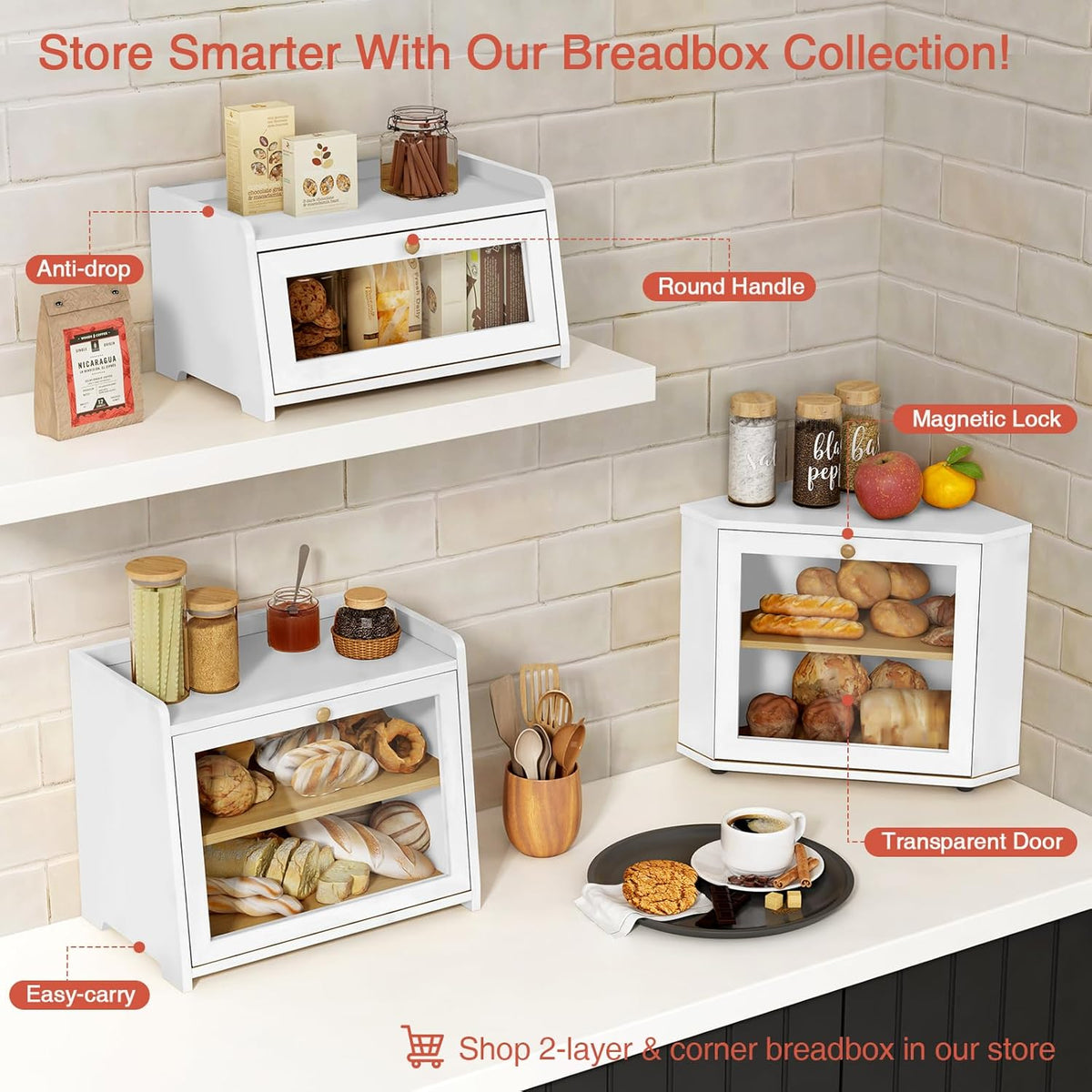 Goozii White Bread Box for Kitchen Countertop, Modern Counter Breadbox for Homemade Bread, Large Corner Bread Storage