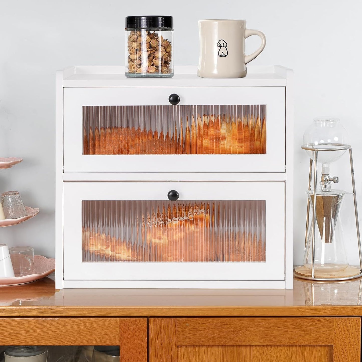 Sunhoo Bread Box for Kitchen Countertop Wooden Bread Storage Container Bin 2 Layer Breadbox Holder Large Capacity