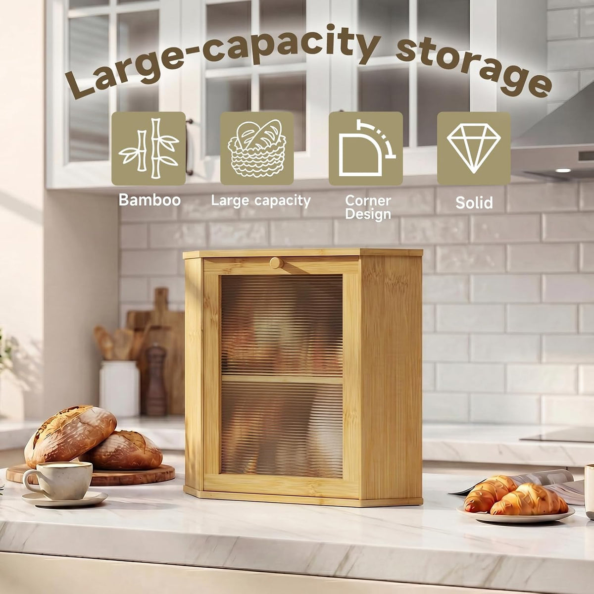 Bread Box for Kitchen Corner Countertop,Large Bread Basket(Natural,X-Large) | Double Layer Bamboo Bread Storage