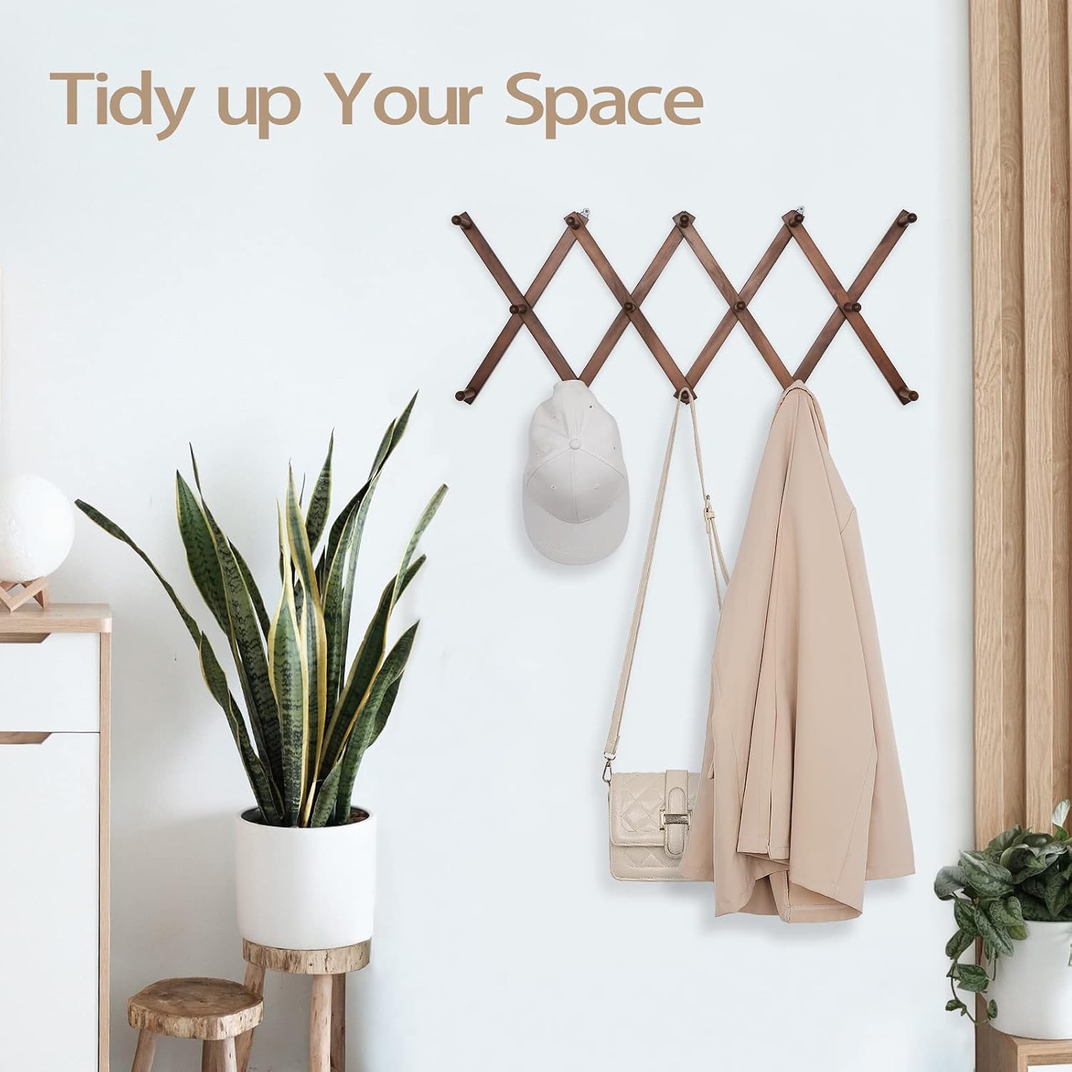 SCUNDA 16 inch High Accordion Wall Hanger with 14 Hooks, Wooden Wall Expandable Coat Rack for Coat, Hats, Baseball
