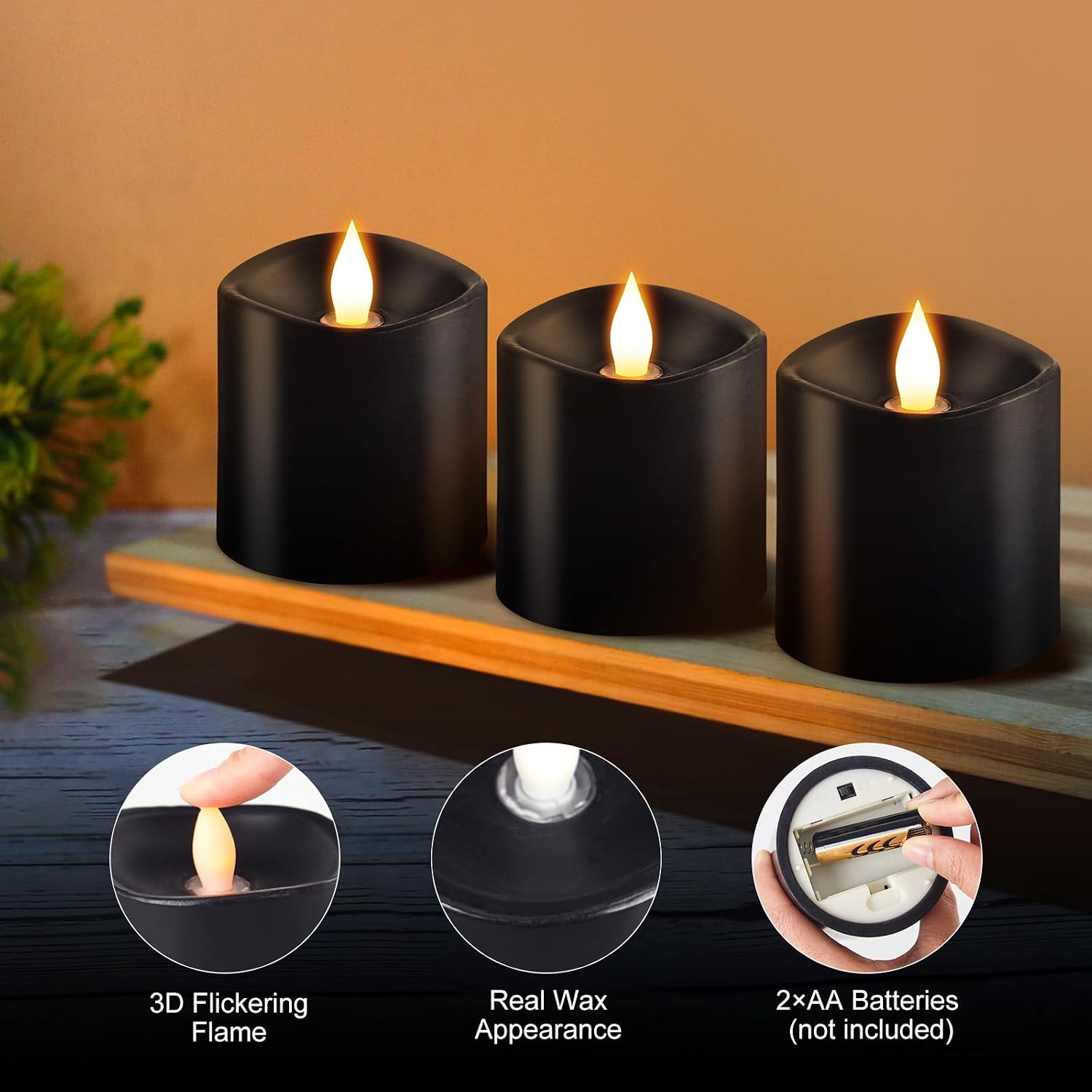 3x3 Flickering Flameless Candles Set of 3, LED Battery Candles Flickering,with Timer, 3 inch Flameless Candles with