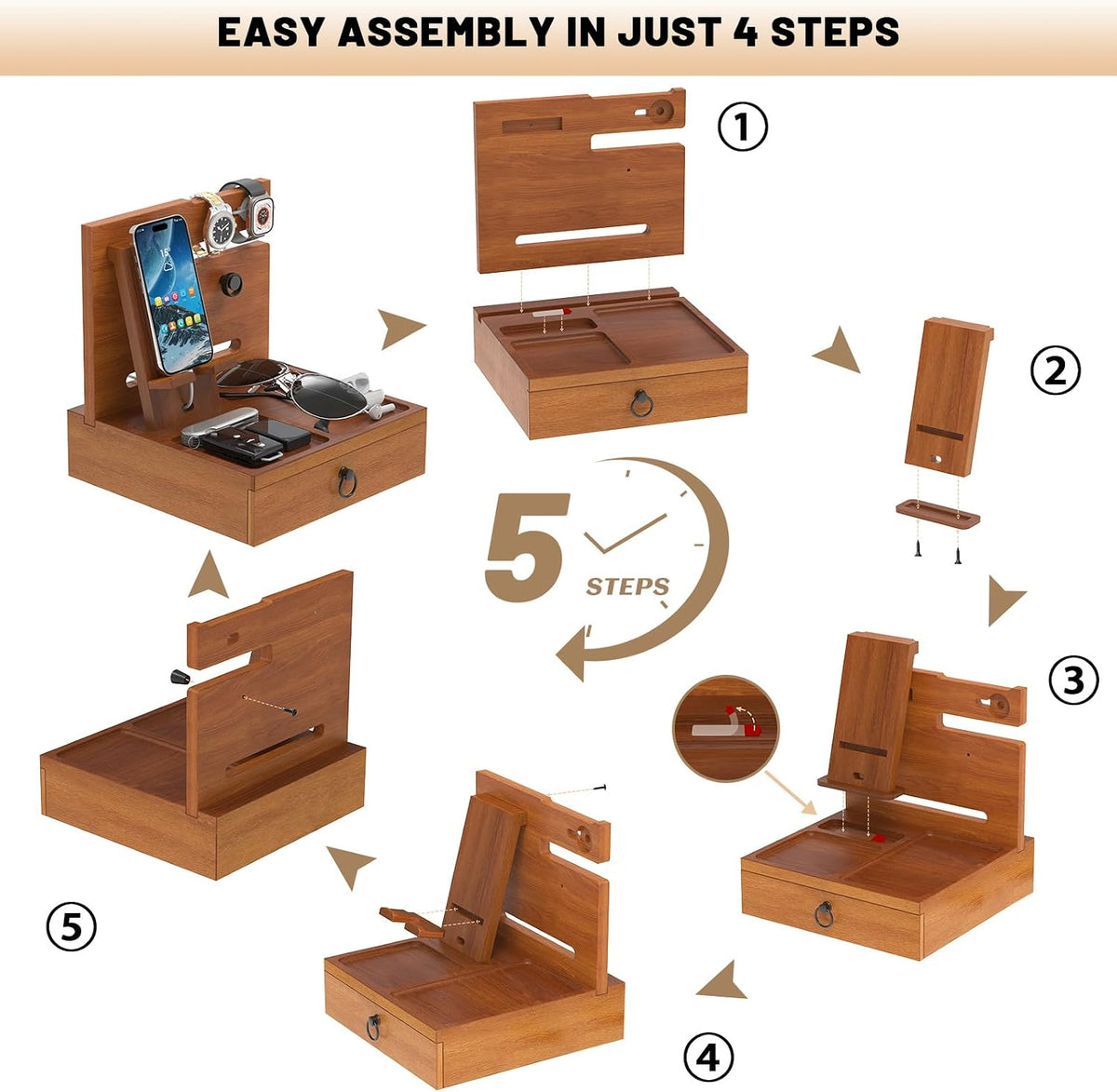 Wood Phone Docking Station, Nightstand Organizer with Drawer | Bedside Table Organizer for Watch & Accessories