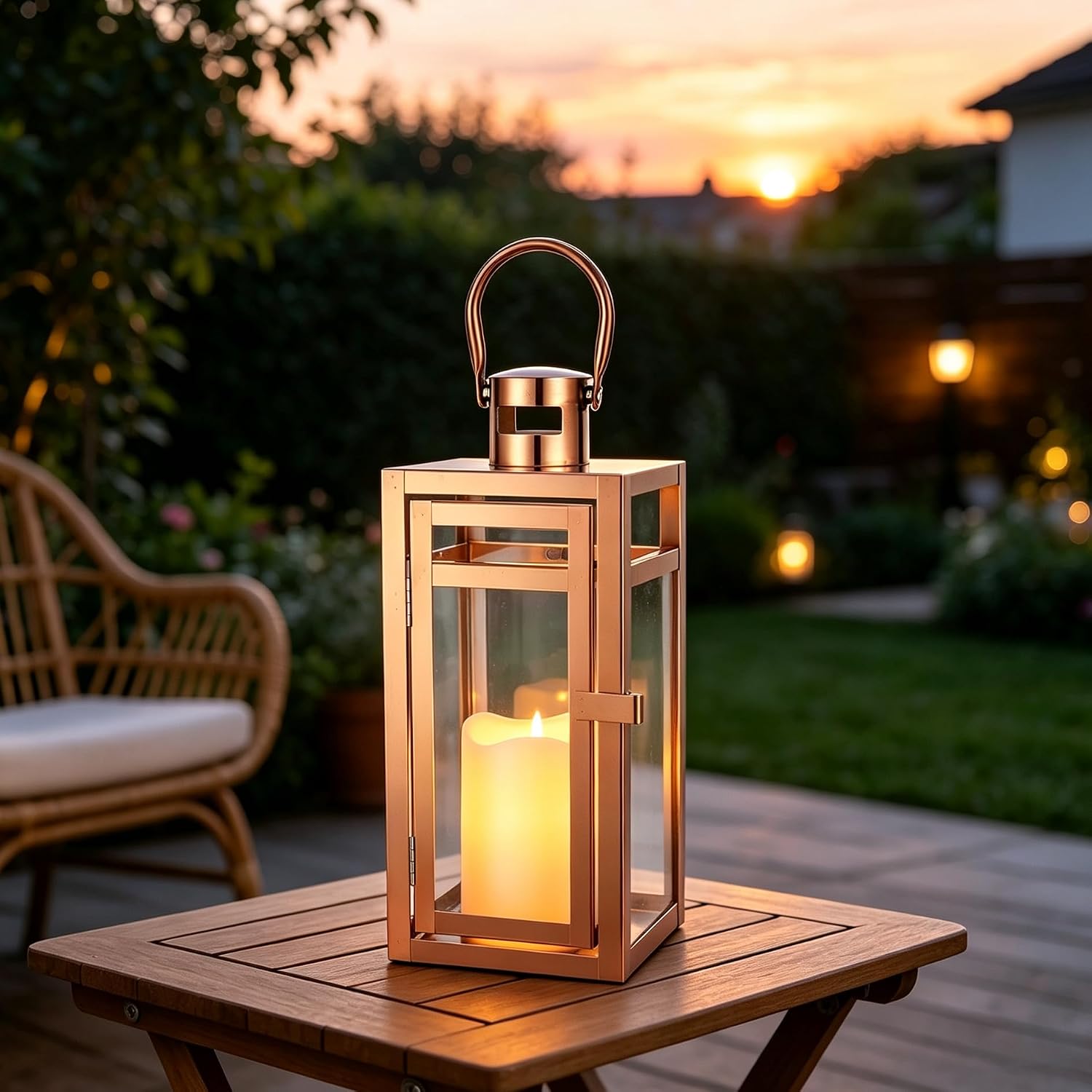 TRIROCKS Stainless Steel Decorative Lantern 12'' High Metal Candle Holder with Tempered Glass Perfect for Home Decor
