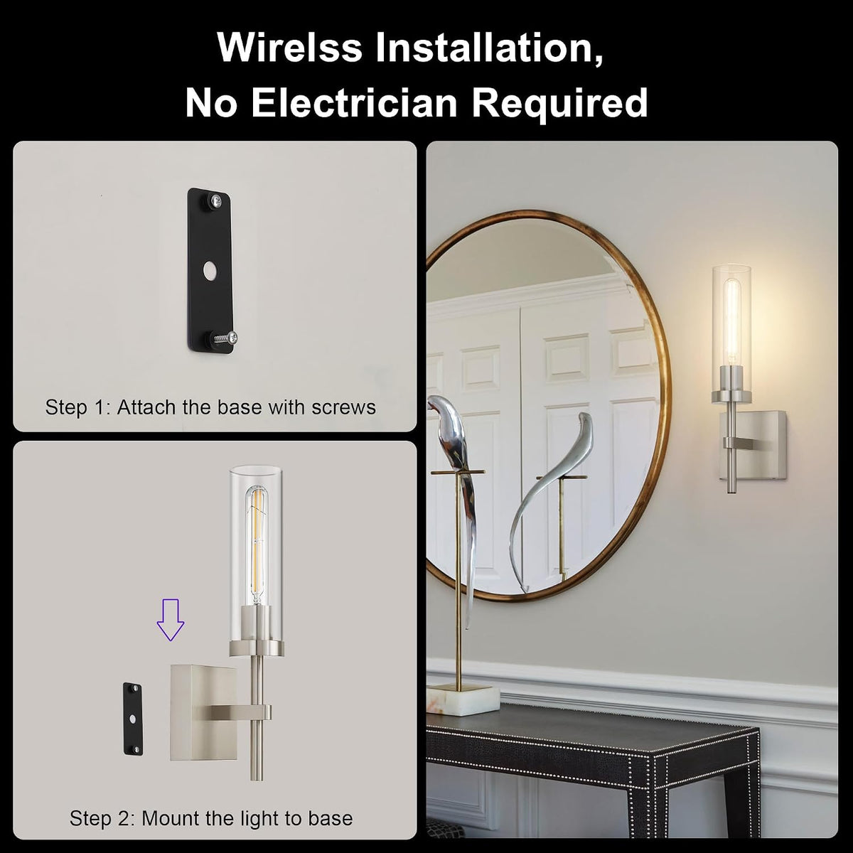 Brushed Nickel Battery Operated Wall Sconces with Remote Control, Wireless Wall Sconce Set of 2, Rechargeable Cordless