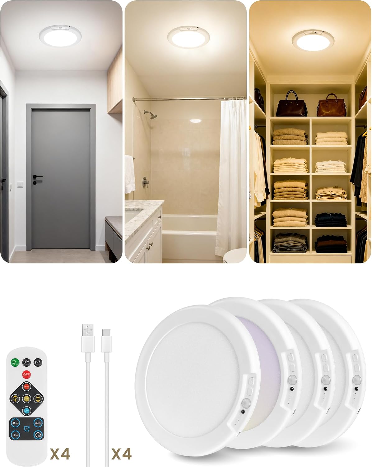 4 Pack Rechargeable Motion Sensor Ceiling Lights with Remote, Wireless Ceiling Light Battery Operated, Magnetic, 3CCT