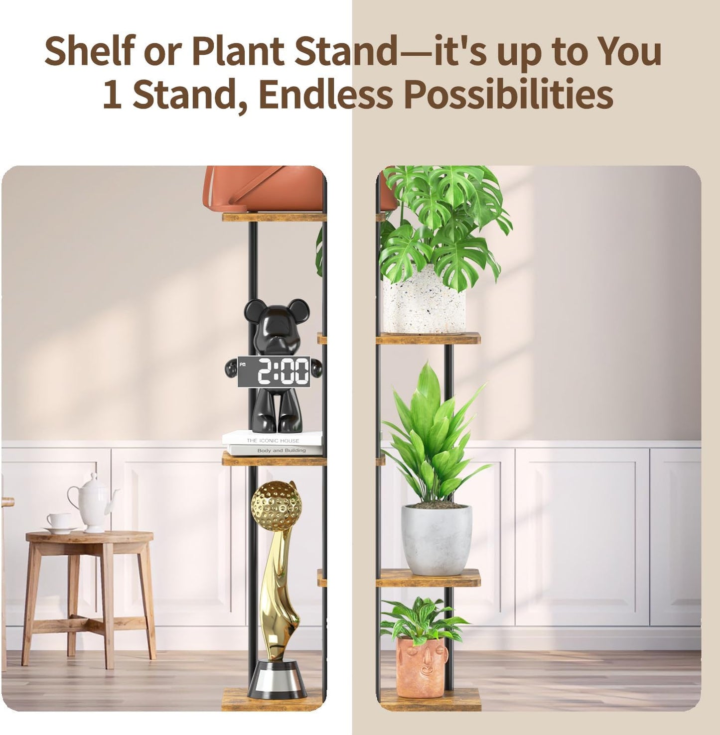 LASZOLA Plant Stand Shelf Tall for Indoor Corner, 6 Tier Wood Brown | Heavy Duty Multi Level Vertical Flower Rack for
