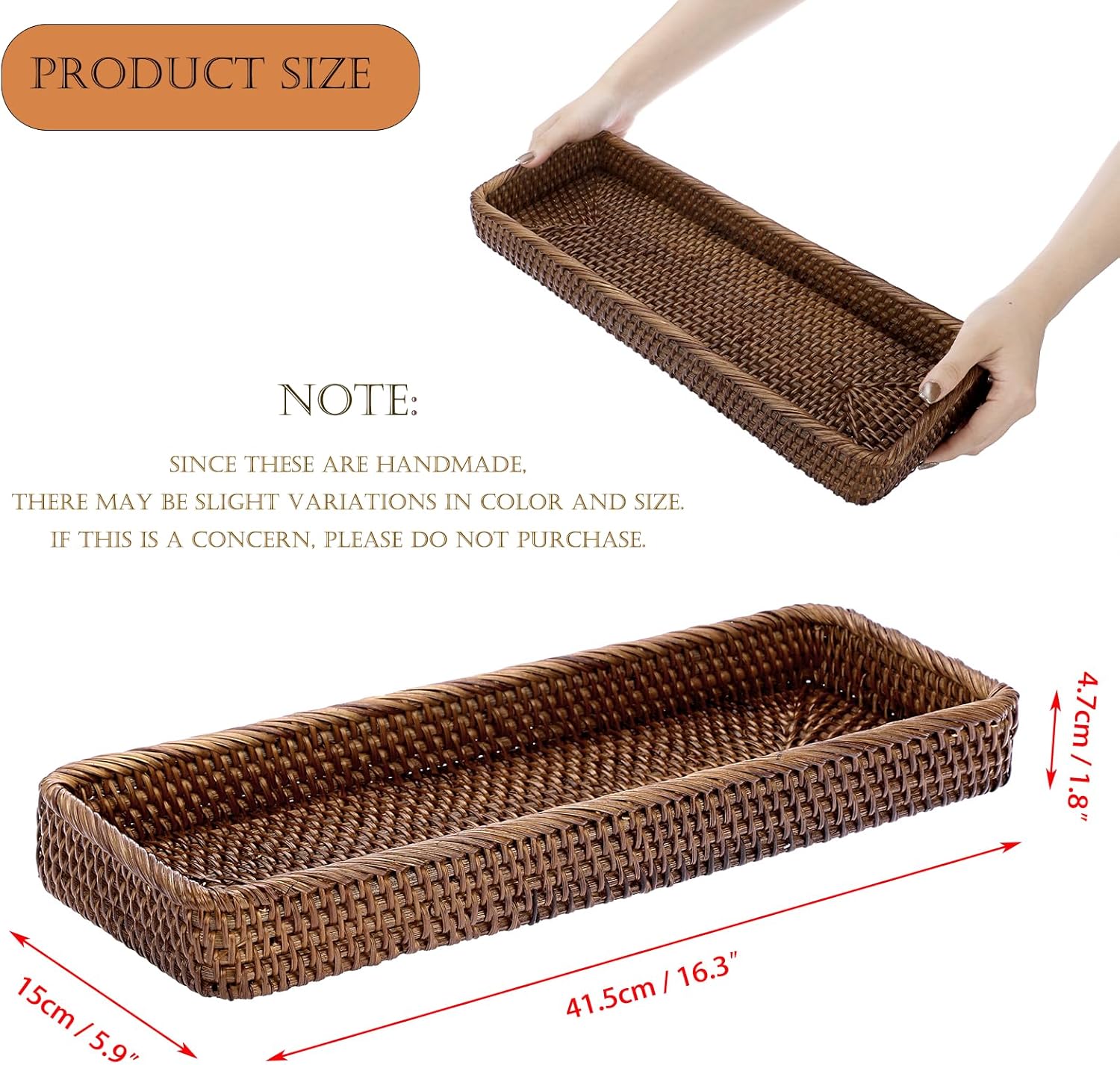 Rattan Bathroom Vanity Tray / Brown / 16 x 6.5 x 1.8
