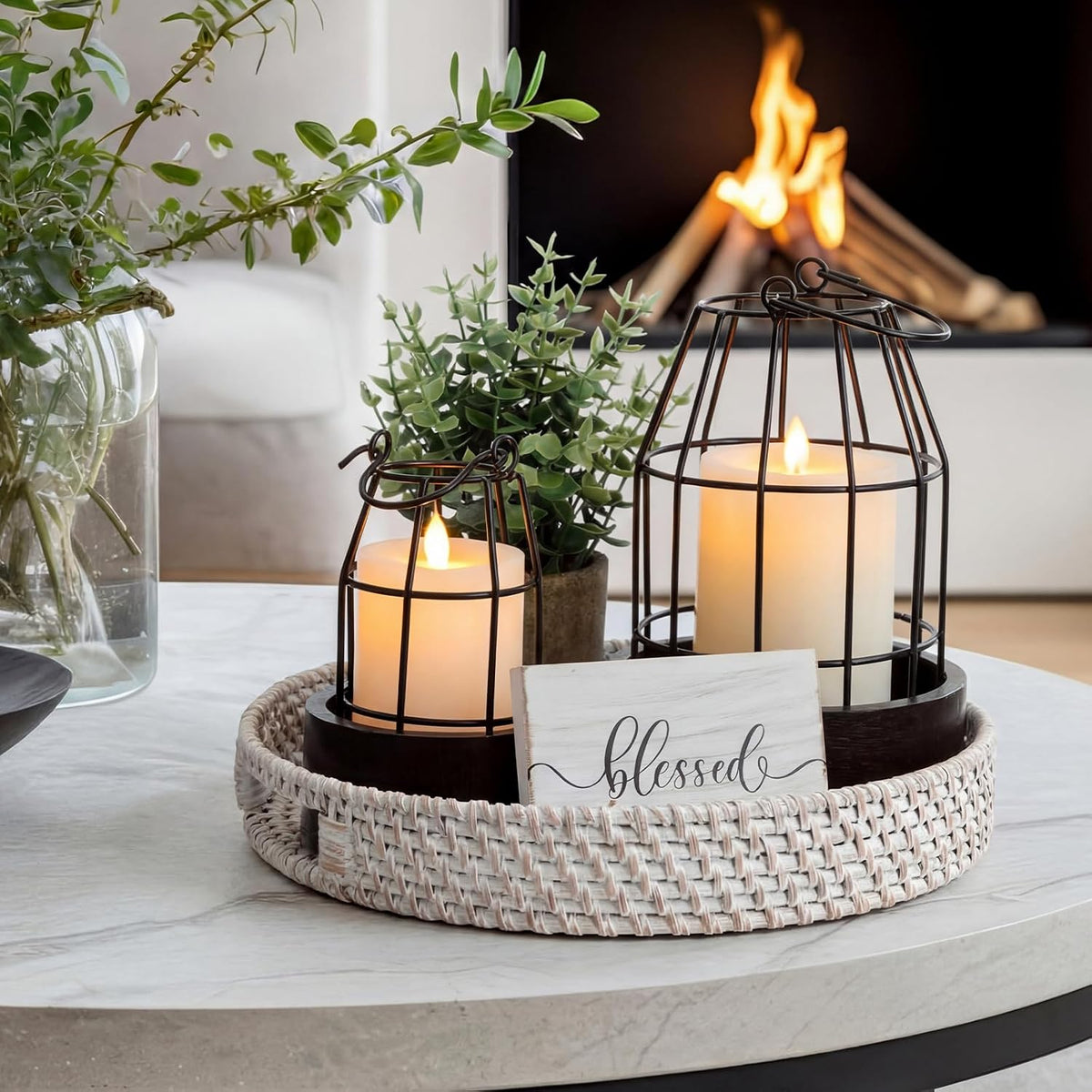 Modern Rustic Farmhouse Candle Lantern Set of 5, Small, Black, Brown | Decorative Lanterns Centerpieces with Tray for