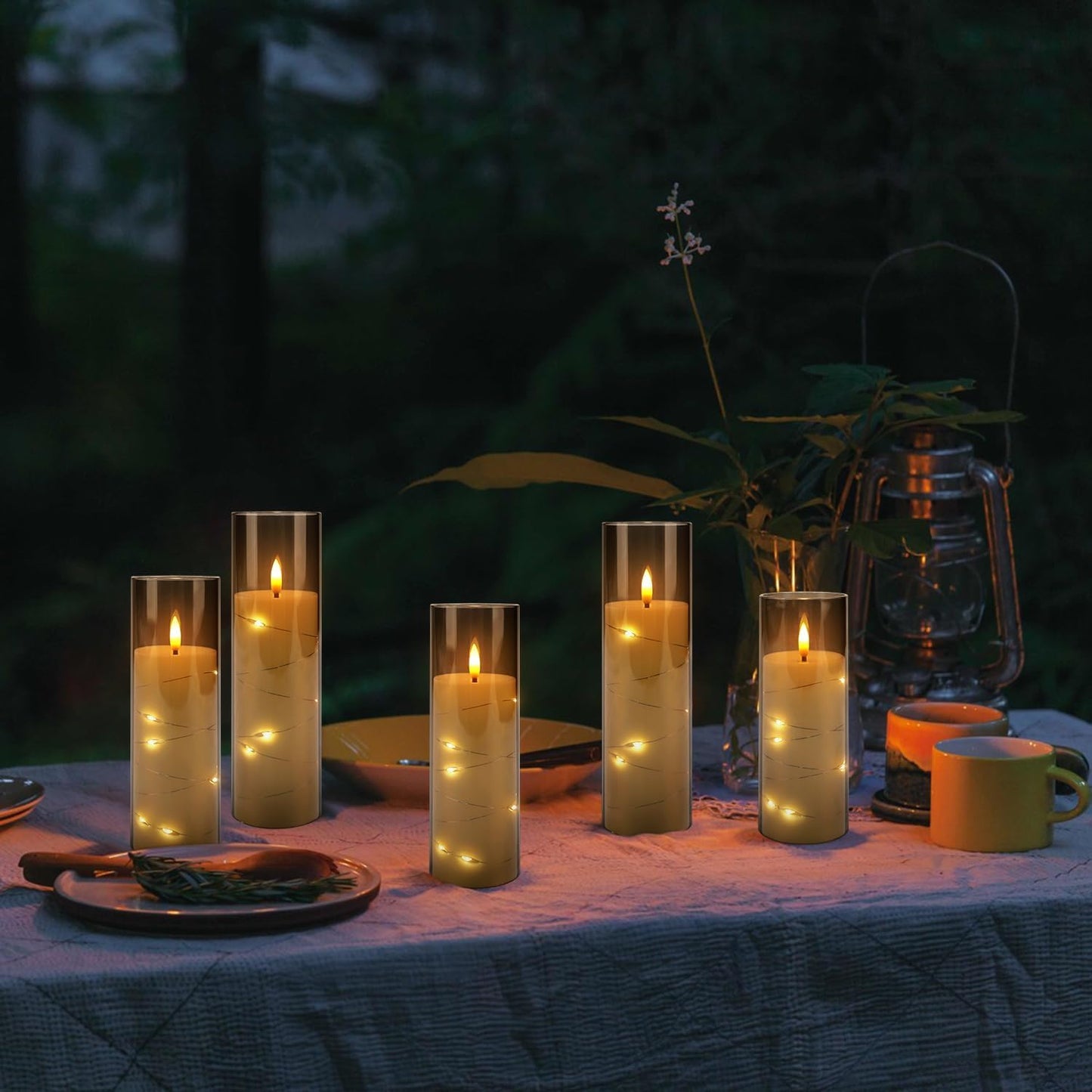 12-Pack Gray Acrylic Flameless LED Candles with Embedded String Lights - Remote Control for Holiday & Home