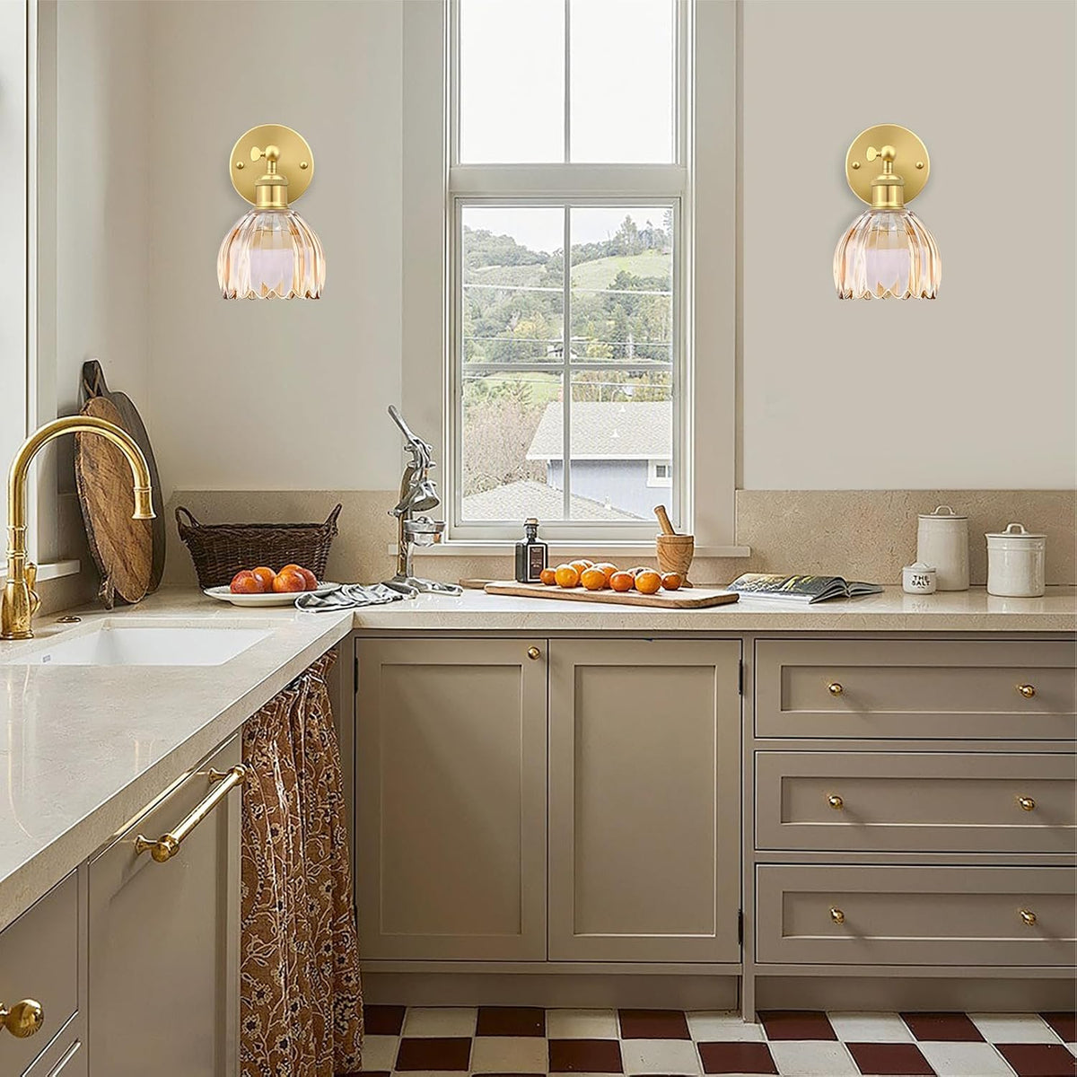 Vintage Battery Operated Wall Sconce, Amber Tulip Glass Lampshade Wireless Rechargeable Battery Powered LED Wall Light